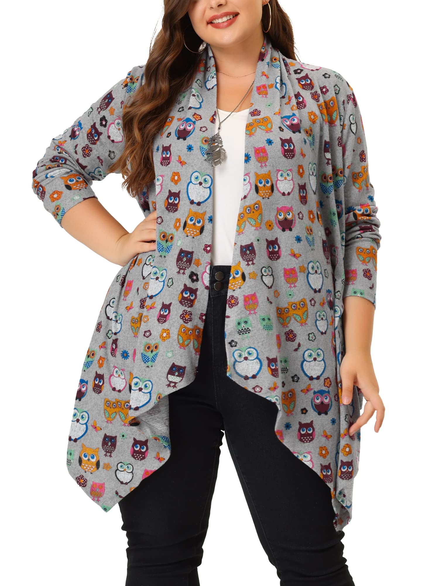 Agnes Orinda Plus Size Halloween Owl Cardigan for Women Flowy Print Loose Open Front Knitting Sweater Cardigans