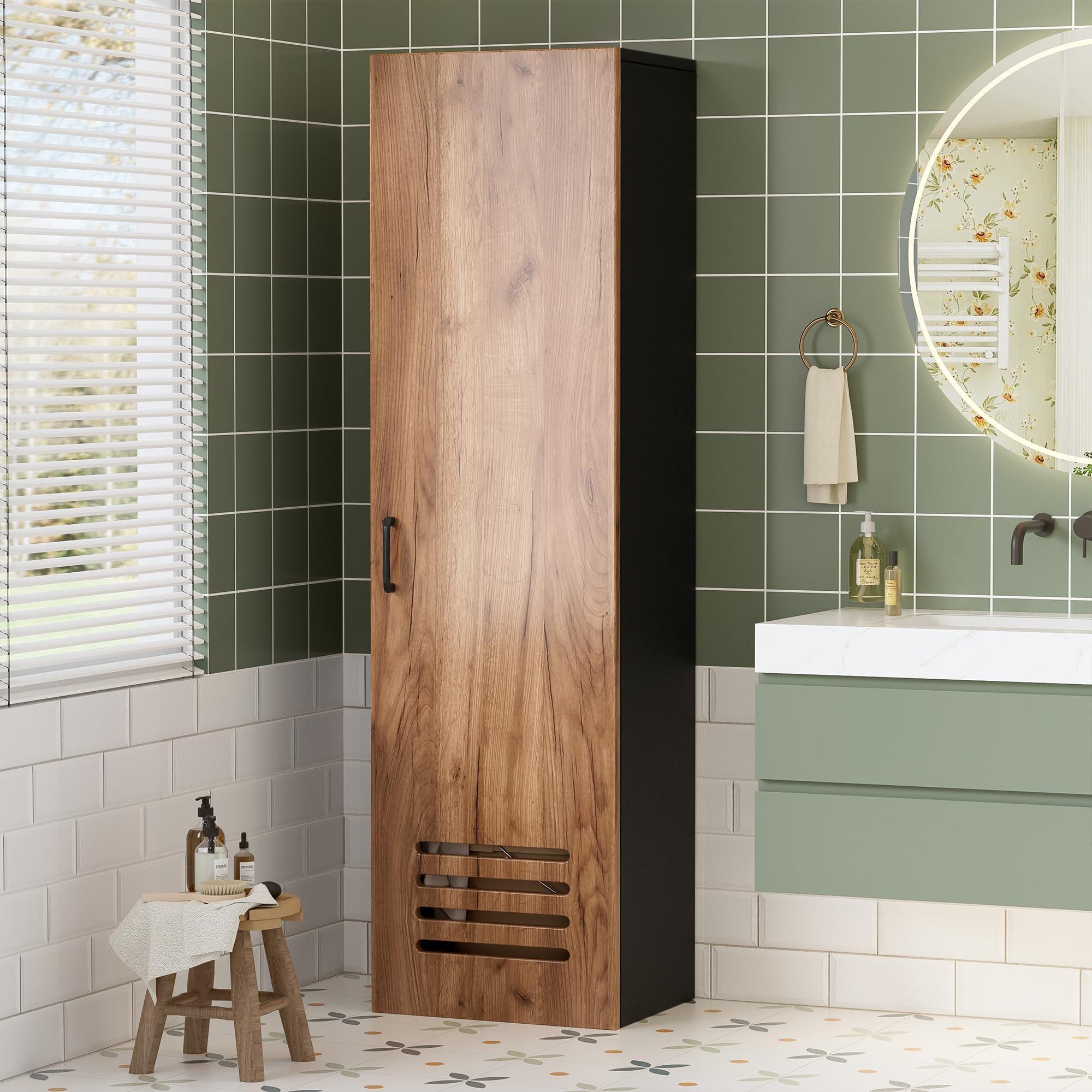 MSFE Armoire de Nettoyage Placard à Balai Meuble Rangement,Armoire Multifonction Pratique pour Aspirateur Balai,Bois Meuble de Rangement Produit d'entretien,40 cm de Large,160 * 40 * 30cm,Noir&Chêne
