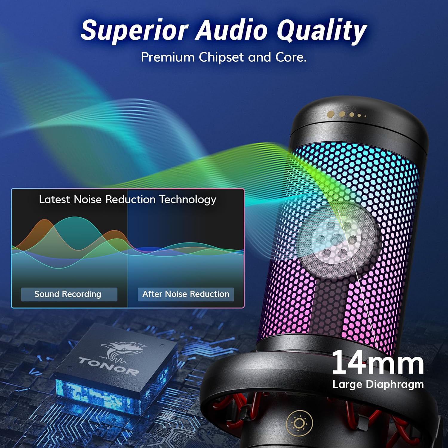 Image showing the microphone with vibrant RGB lighting and different color modes.