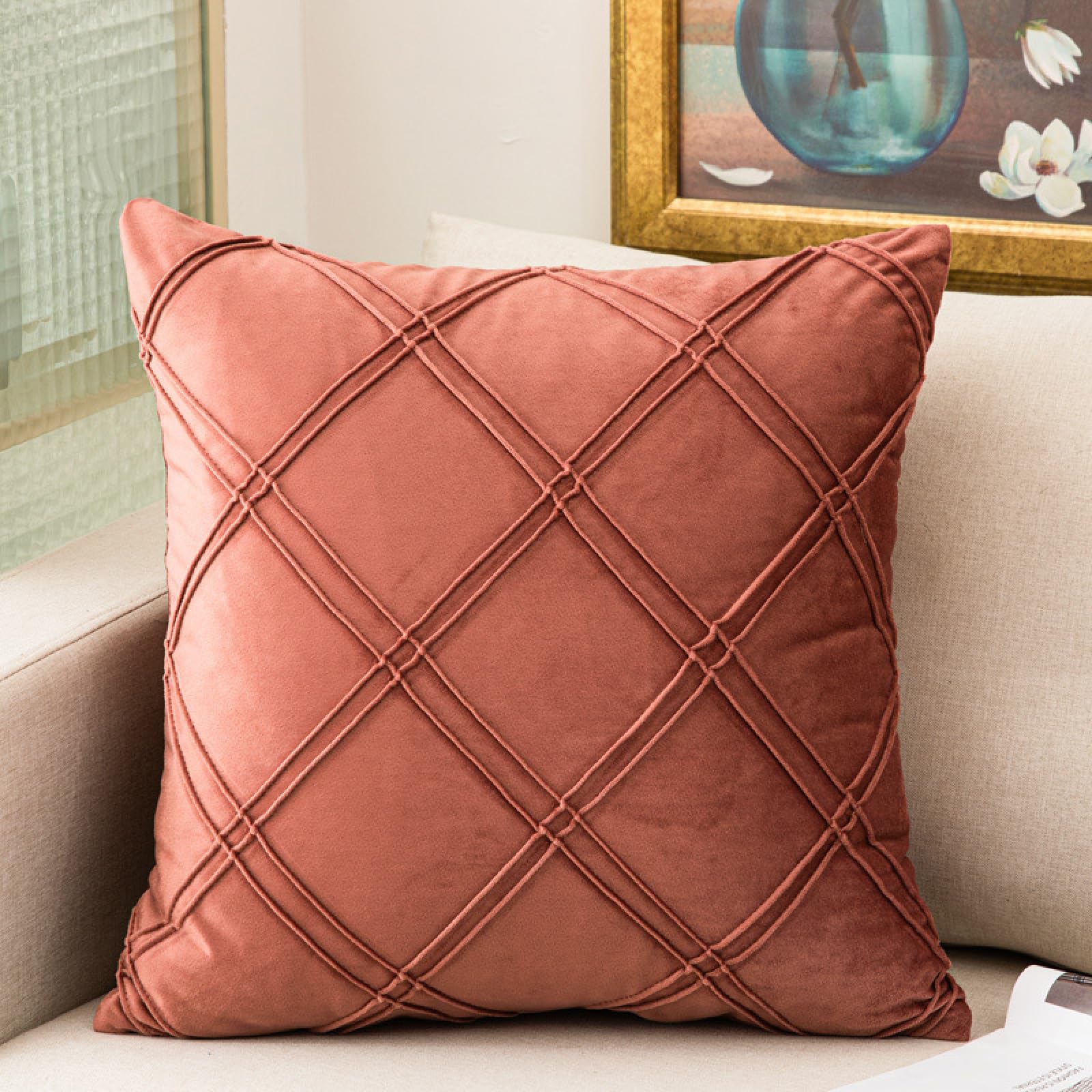 Kissenbezug Wäsche Ziegel Rotes Gitter 65x65 CM Reißverschluss verstecken | Kissenbezüge Dekokissen Outdoor Kissenbezug Pillow Cover für Sofa Schlafzimmer Auto Kissenhülle Breathable Cushion Covers