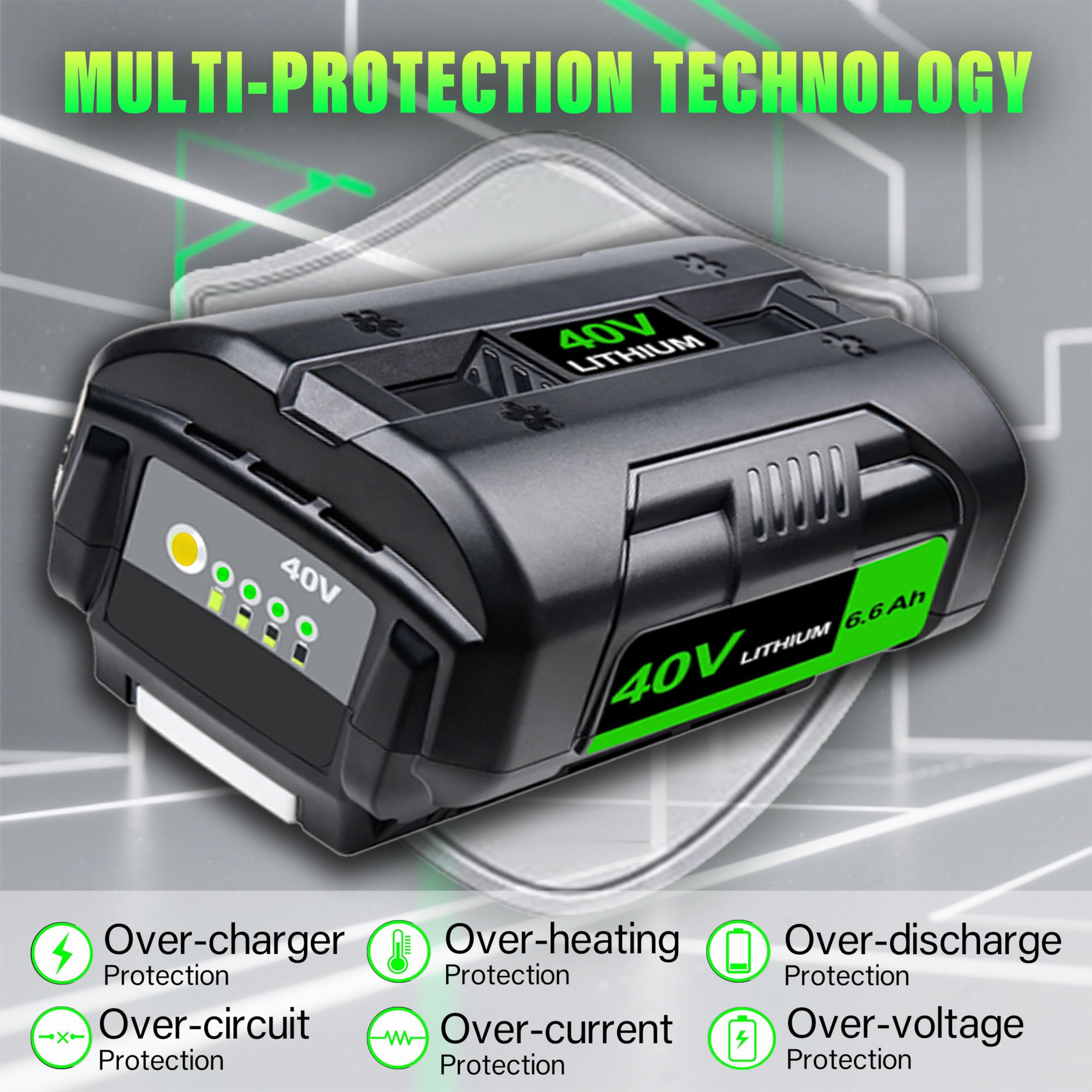 6600mAh Repuesto para batería Ryobi 40V Herramientas Eléctricas Inalámbricas, Compatible con Ryobi OP4040, OP4030, OP4050 Y OP4026
