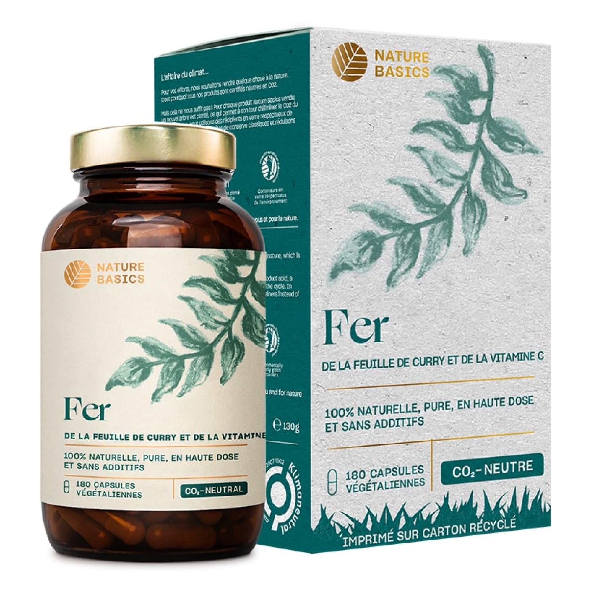 Nature Basics® fer naturel en bocal | 180 gélules hautement dosées | 14mg de fer