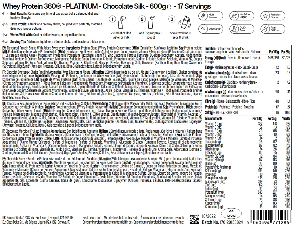 Protein Works | Whey Protein 360 - PLATINUM Innovation, Protéines Whey Isolate, Electrolytes Ajoutés, Enzymes Digestives, Omega 3, Sans Sucres Ajoutés, Chocolat Onctueux, 17 Portions, 600 g