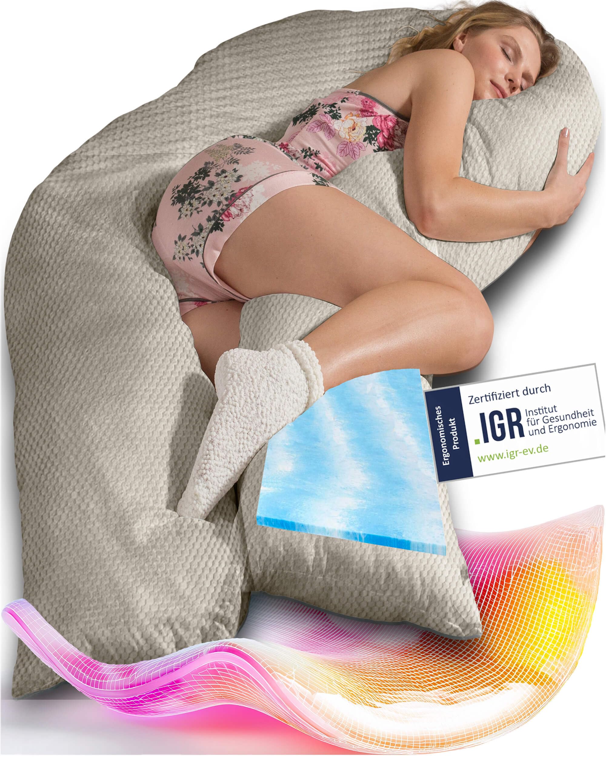 Traumreiter Seitenschläferkissen Visco XXL Professional mit Bezug Leinenfarbig Deluxe Hybrid Wendekissen +1cm Memory Foam U form Schwangerschaftskissen Body Pillow Komfortkissen Ergonomie Zertifiziert