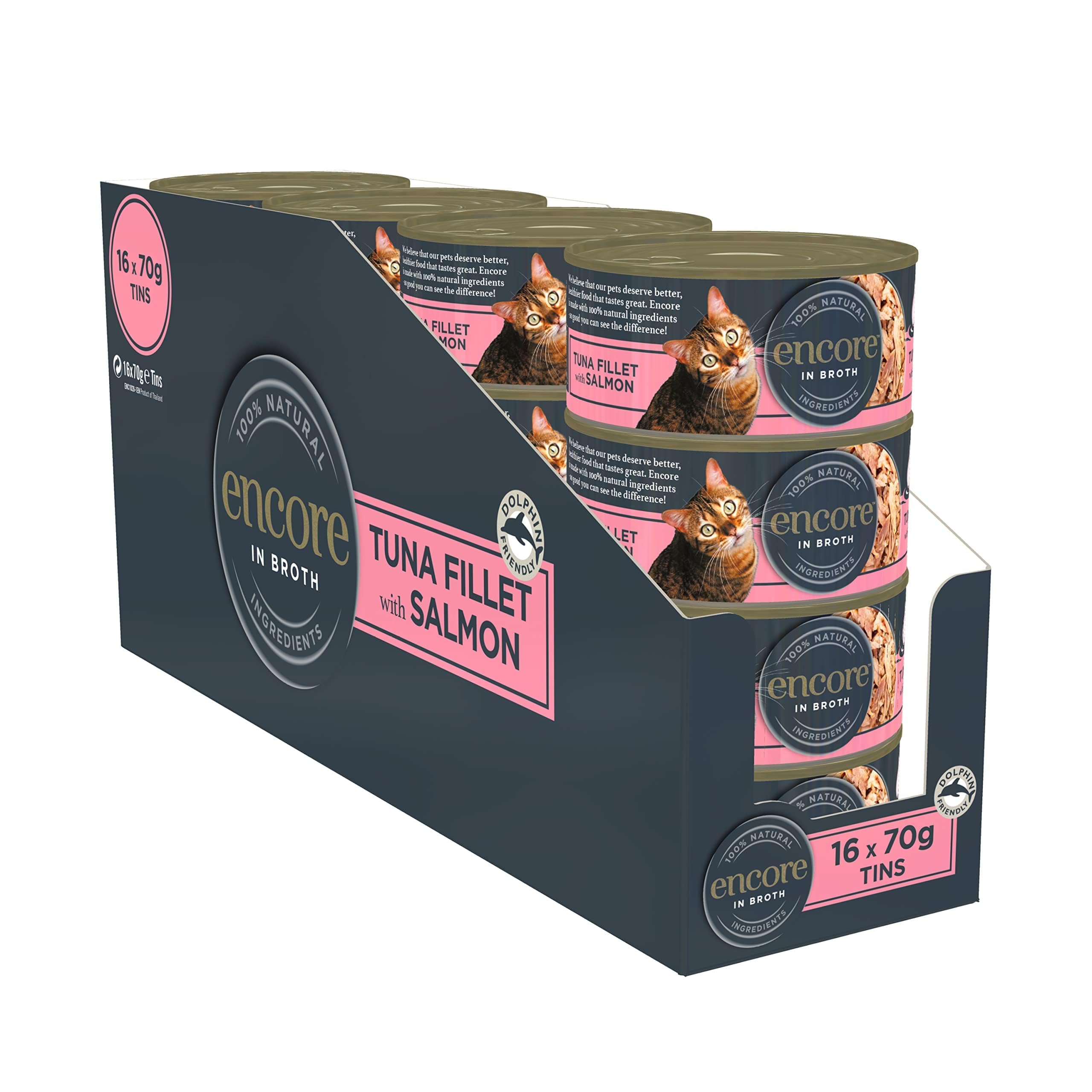 Encore 100% Natural Wet Cat Food, Tuna With In Broth (Pack Of 16 X 70G Tins) Salmon