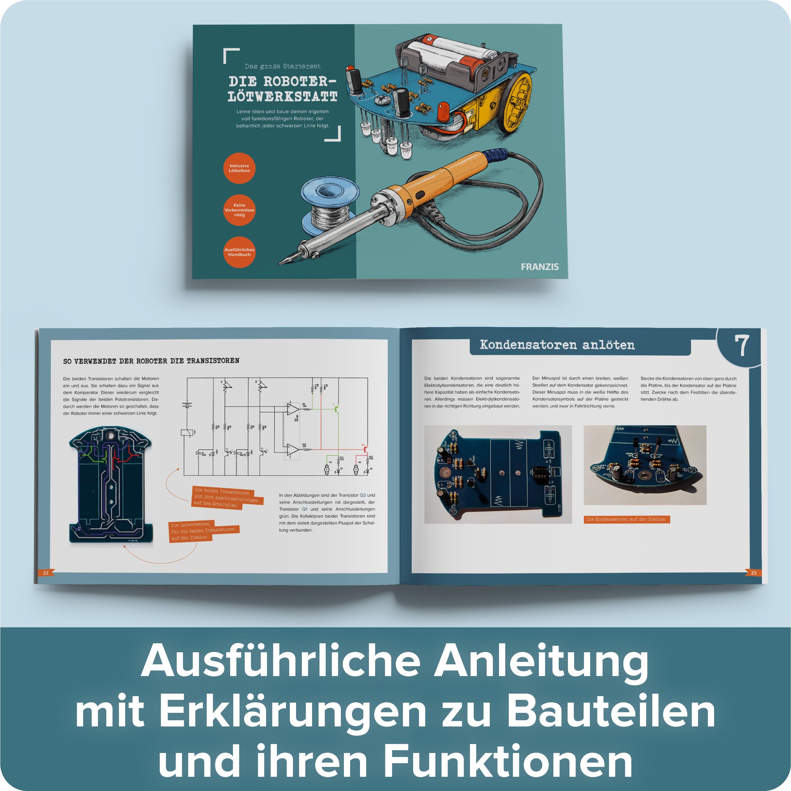 Franzis 67189 - Das große Starterset, die Roboter-Lötwerkstatt, lerne löten und baue deinen eigenen Roboter, inkl. Lötkolben und Handbuch, Mehrfarbig