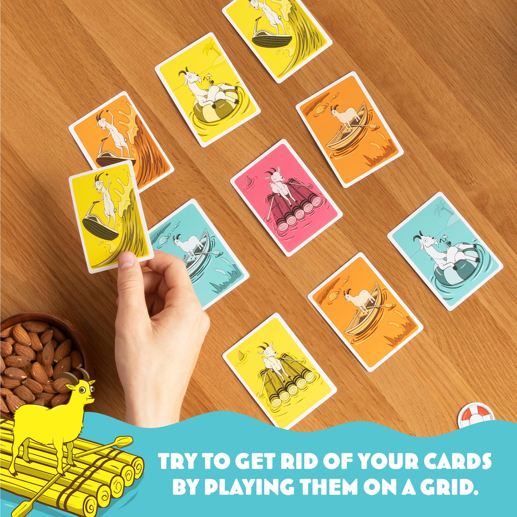 Row Your Goat: By Exploding Kittens, 2-6 Players, Age 7+ Fast Card Game | Play goat cards, spot matching colors or boats, and grab a lifesaver fast. The slowest player collects the pile! Family Game