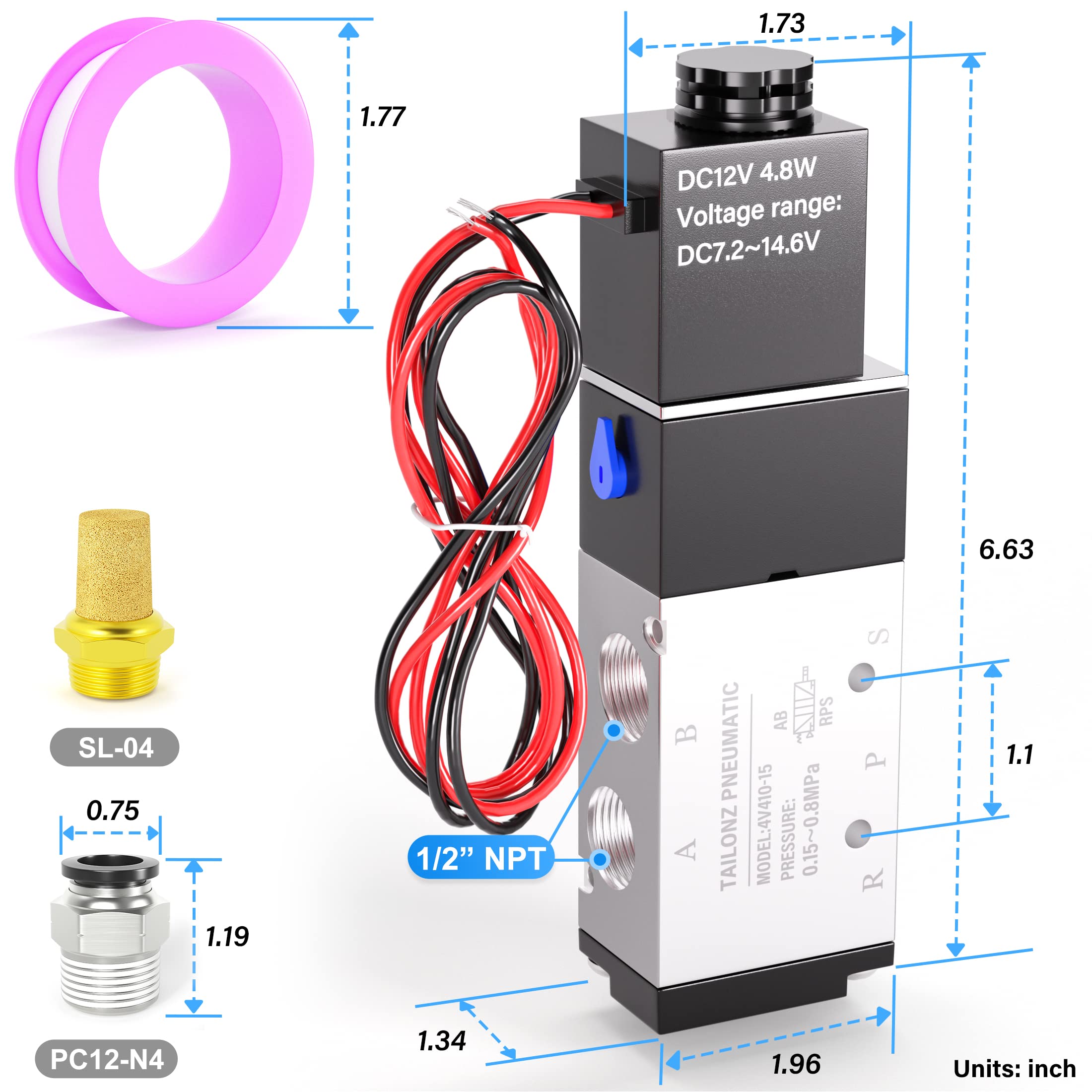 Tailonz - Válvula solenoide neumática NPT de 1/2 pulgadas 4V410-15 12V/24V/110V/220V de bobina única accionada por piloto, eléctrico de 2 posiciones de 5 vías Tipo de conexión de cable de salida