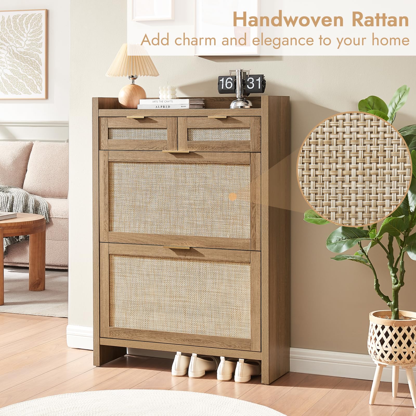 Best Entryway Storage in 2026: 5 Picks That Fit Real Space 1 HOKYHOKY Rattan Shoe Storage Cabinet with 2 Drawers & 2 Flip Drawers – Hidden Sl — product photo