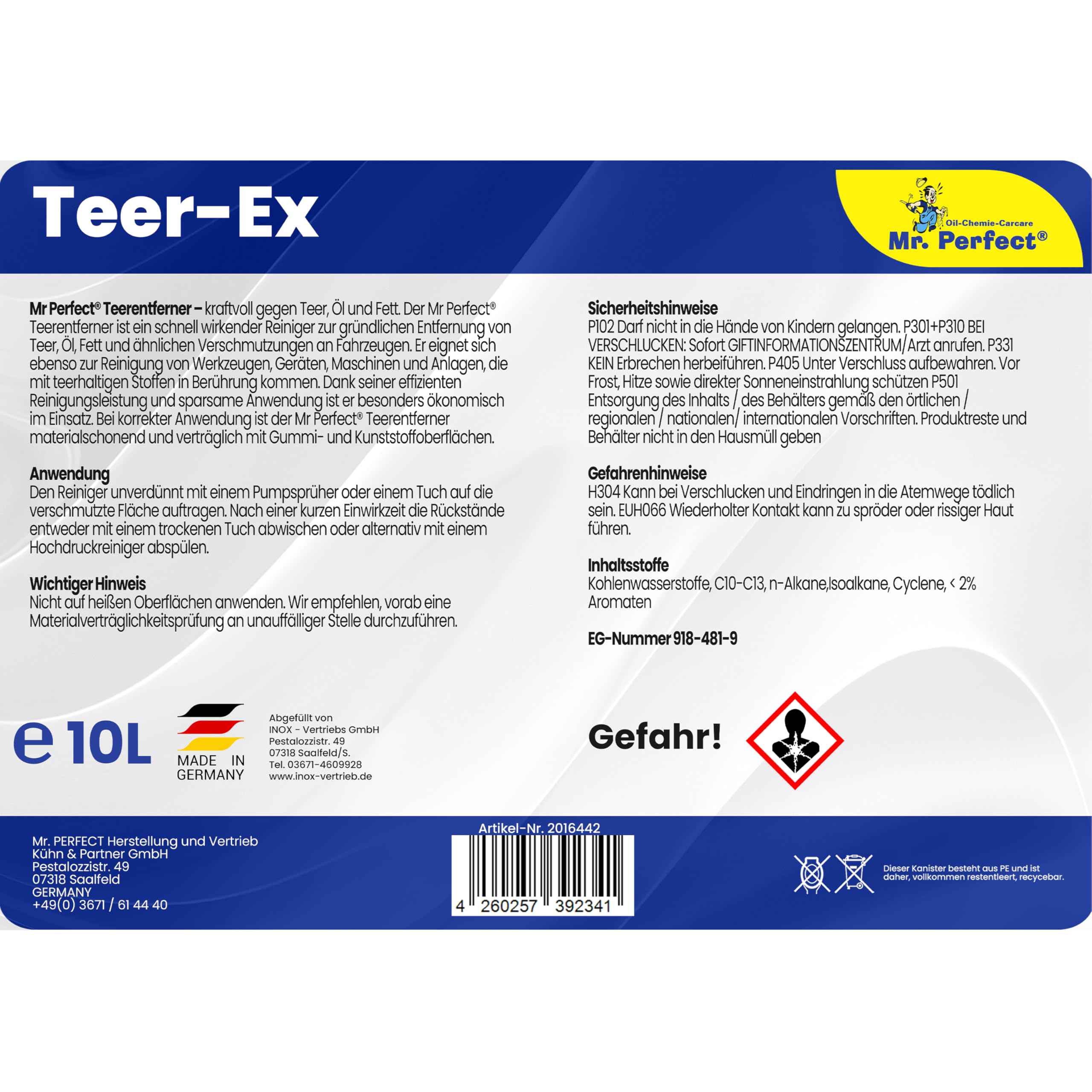 Mr. Perfect® Professioneller Teerentferner Auto - 10L I Bitumen Entferner - Entfernt effektiv Teer, Bitumen, Öl & Fett I Baumharzentferner - Teer Entferner für Auto, Wohnmobil, Werkzeuge & Mehr