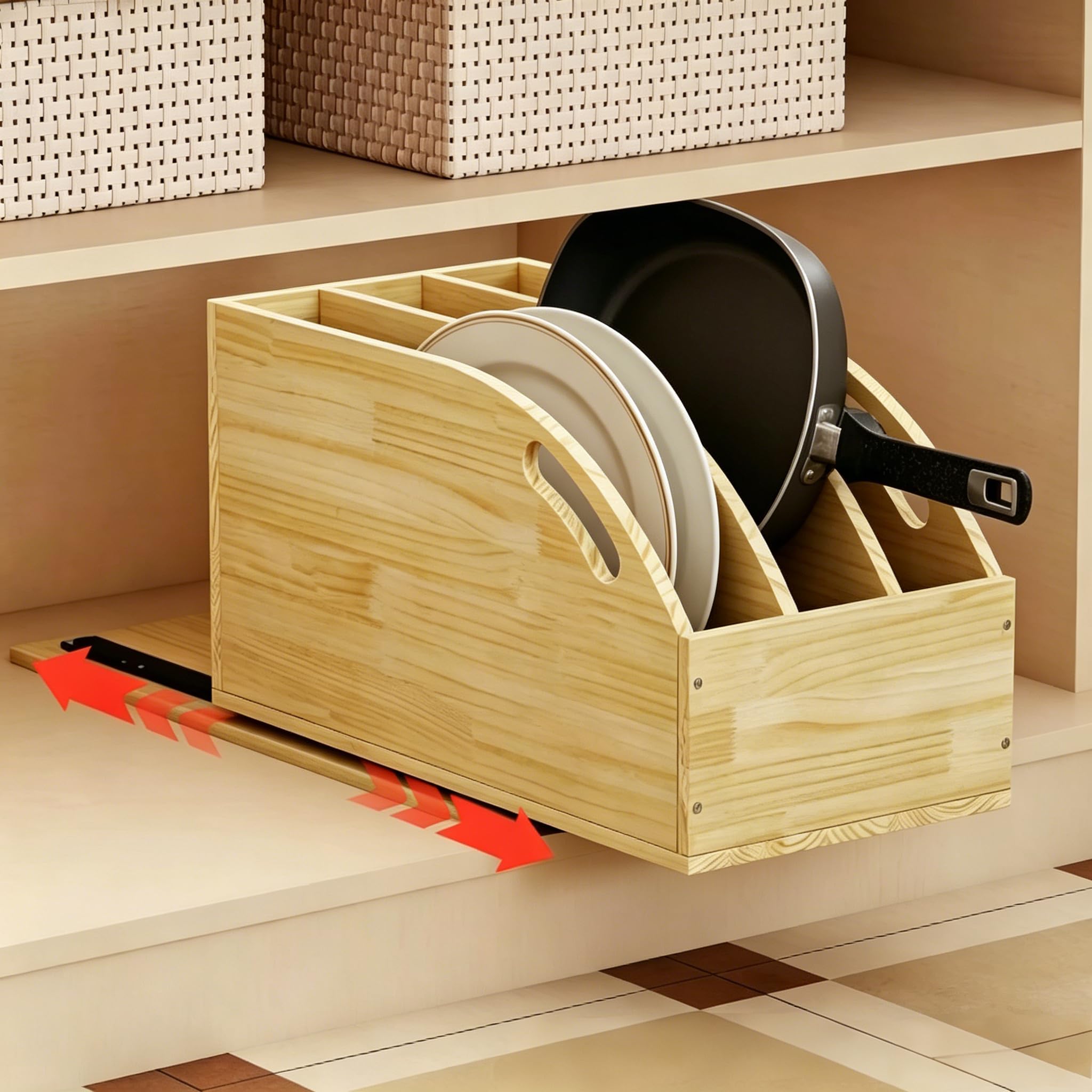 bimiti Ausziehbarer Schrank-Organizer, Küchenschrank-Organizer aus Holz mit vertikalen Trennwänden, zur Aufbewahrung von Pfannen, Backblechen, Deckeln, Schneidebrettern, platzsparende