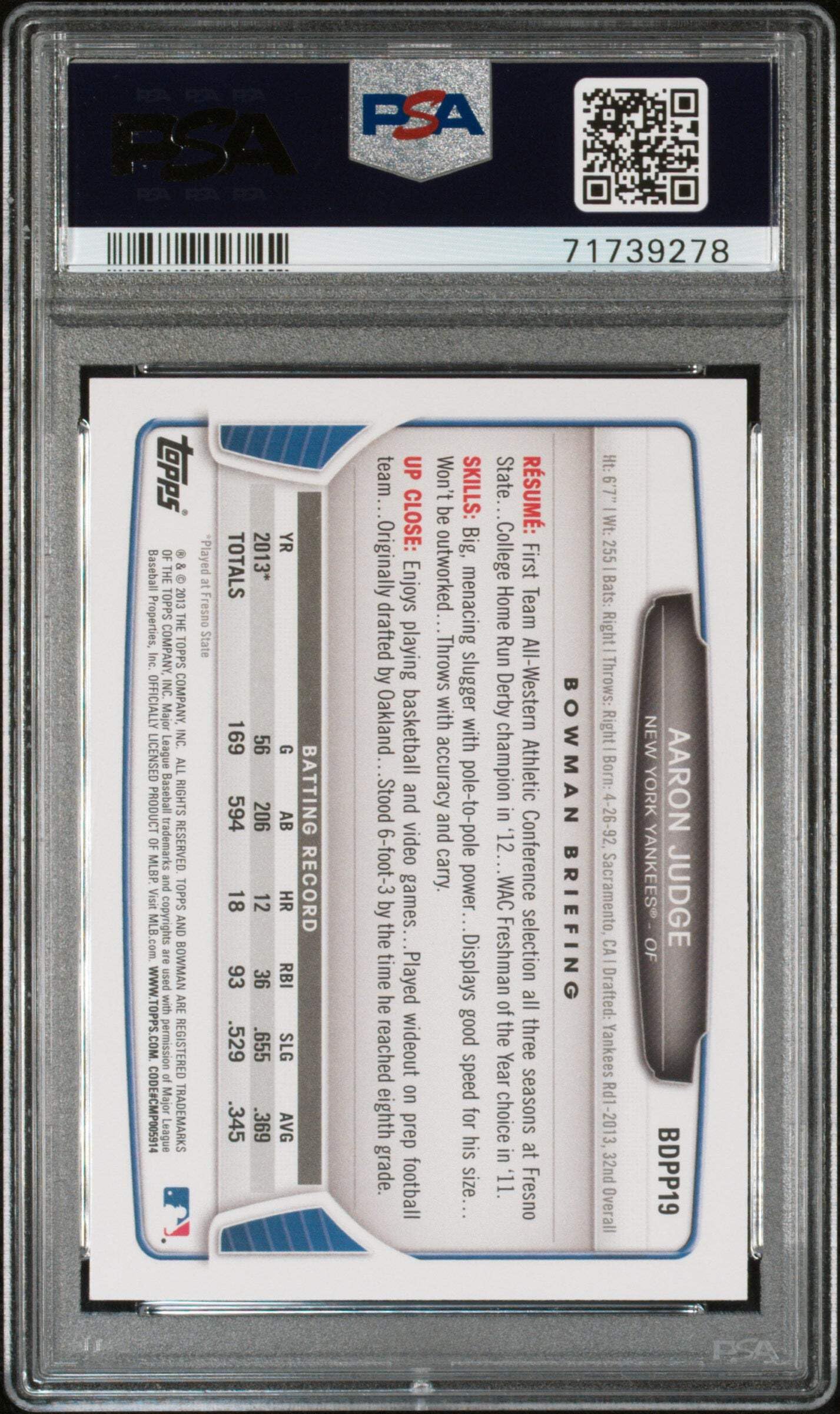 Graded 2013 Topps Bowman Draft Picks & Prospects Aaron Judge #BDPP19 Rookie RC Baseball Card PSA 10 Gem Mint