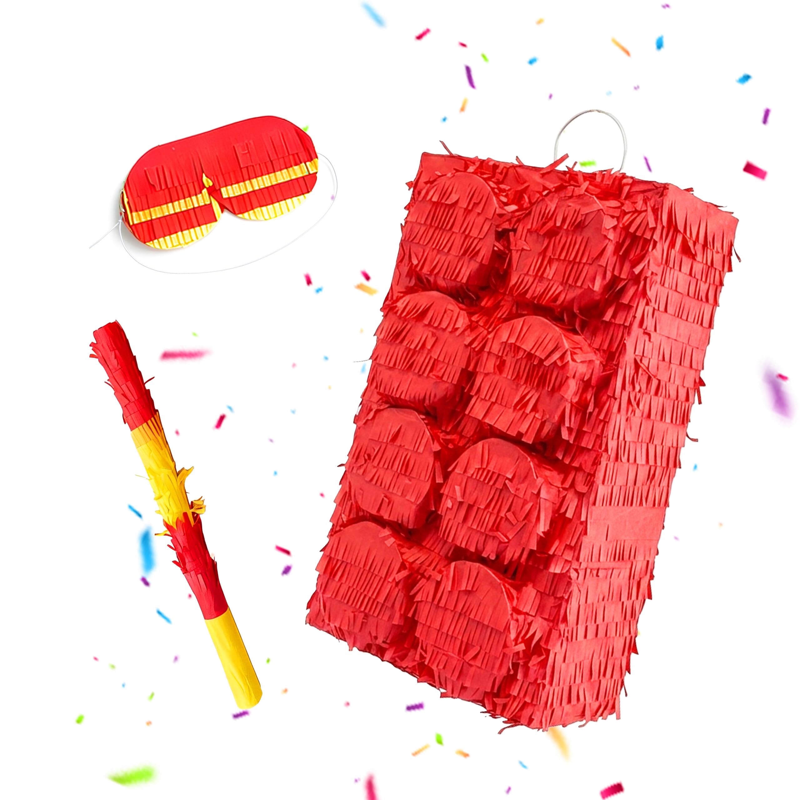 Relaxdays Pinata klocki z prętem i maską, Partypinata dla dzieci, urodziny, do napełniania, blok, wys. x gł.: 43 x 27 x 10 cm, czerwony