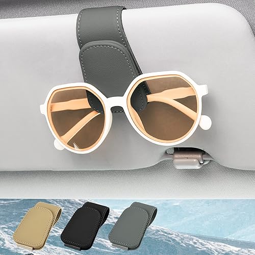 Actor Paquete de 2 soportes para lentes de sol para automóvil, clip para colgar anteojos para visera solar del automóvil, clip magnético de cuero