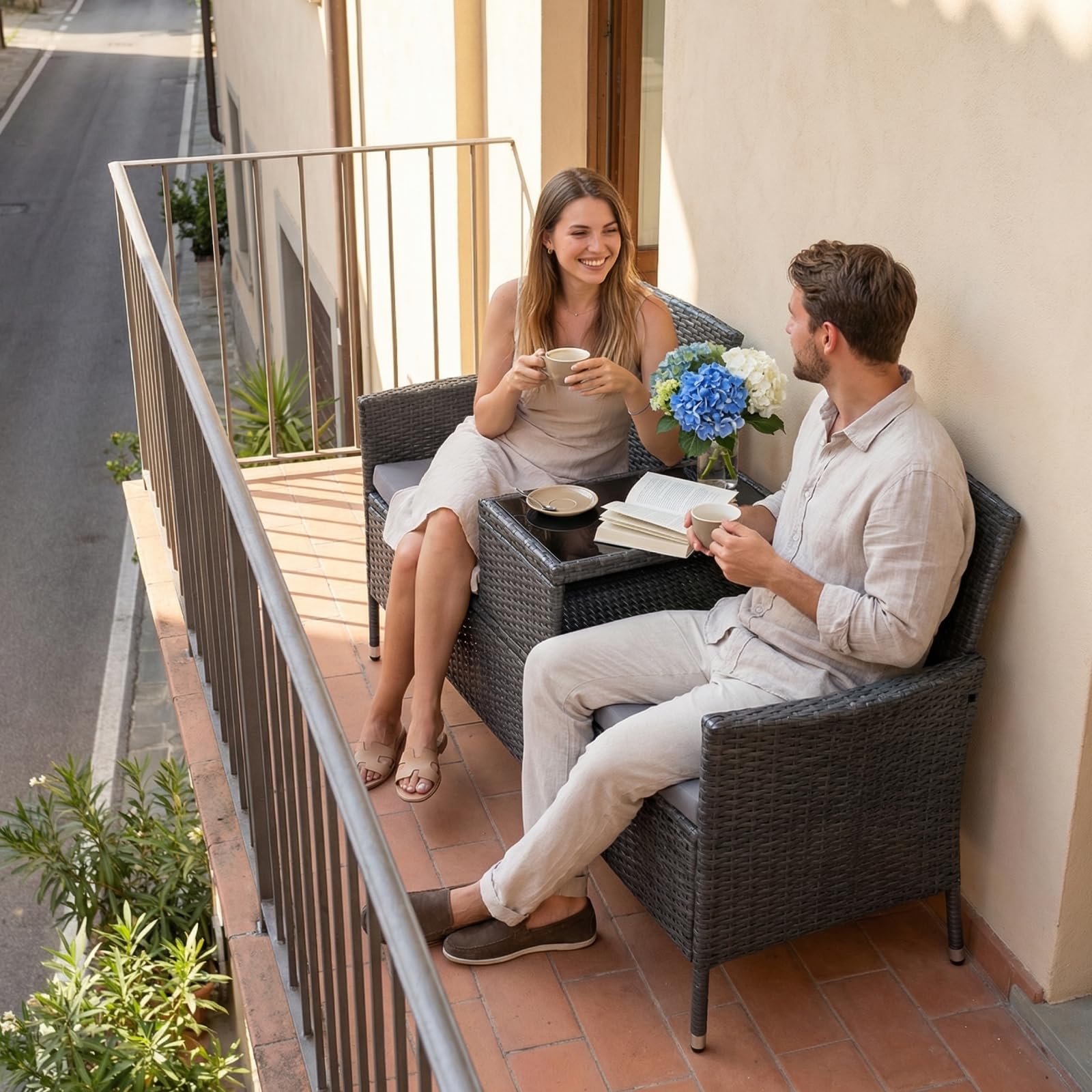 TLSUNNY Banc de Jardin 2 Places en Rotin, Salon Balcon avec Coussins