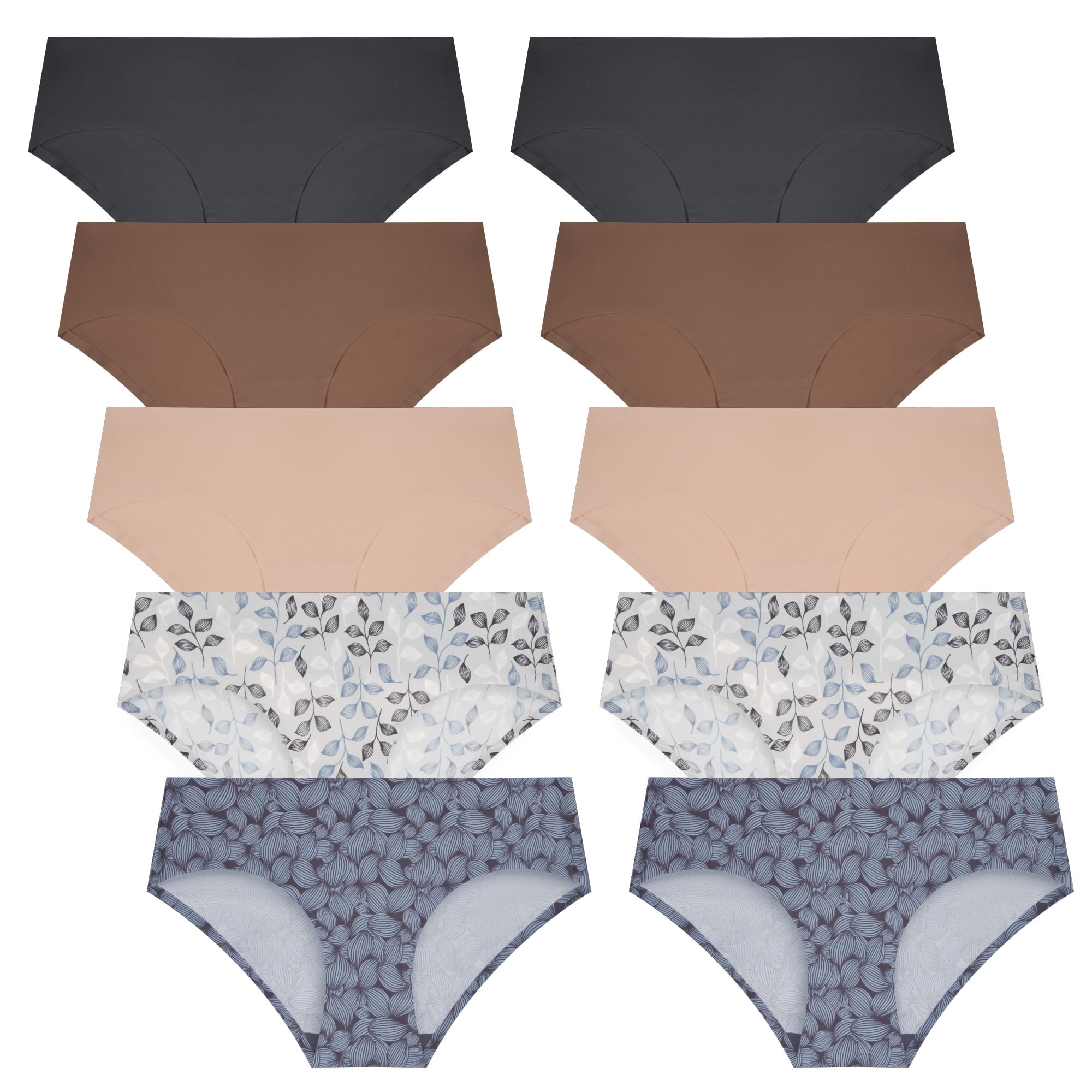 Women's 10 Pack Seamless No Show Invisible Panty Line Soft Stretch Bikini Hipster Underwear Multi Packs