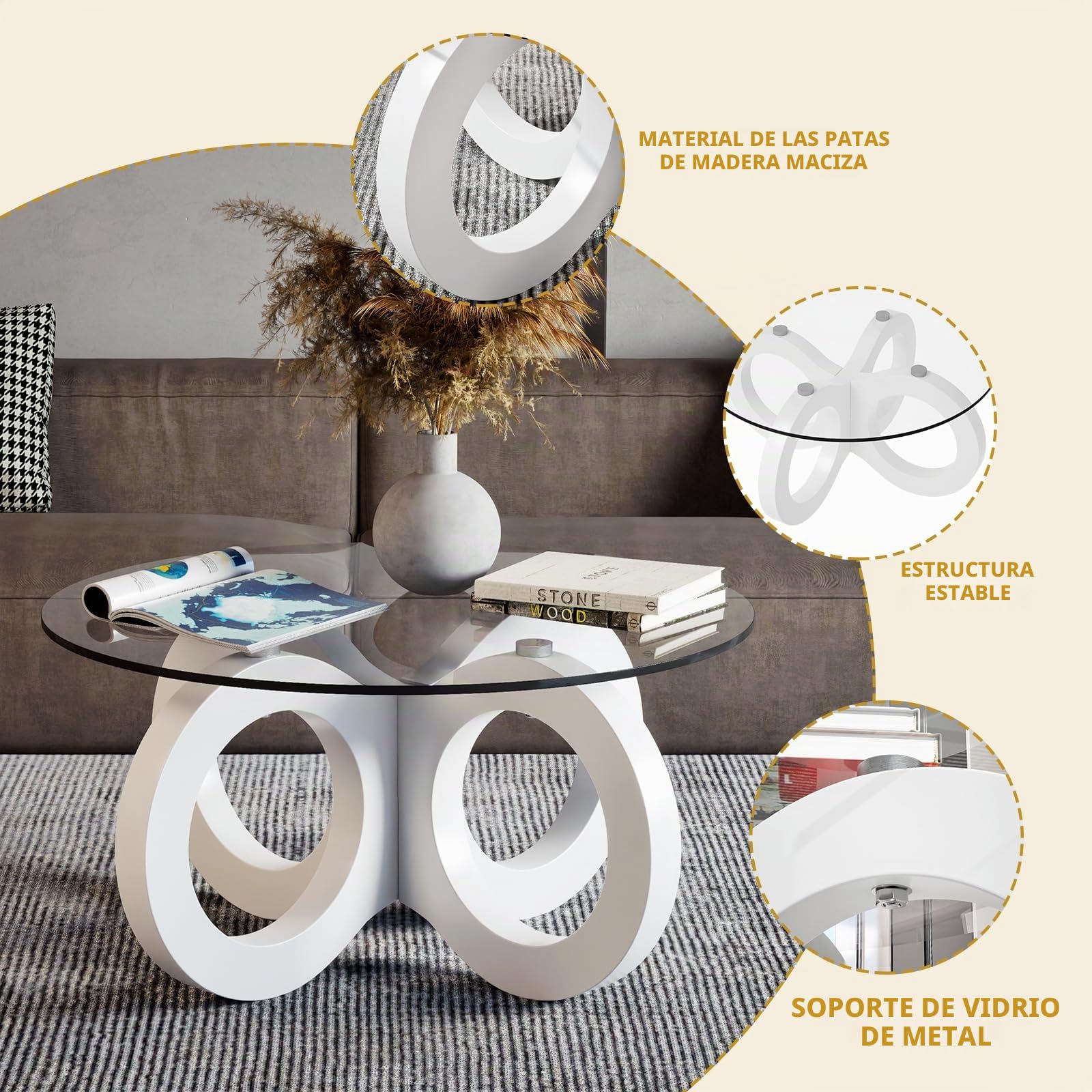 TWSOUL Mesa de centro de cristal, mesas de centro redondas, elegante mesa de cristal con estructura curvada, mesa de salón moderna, mesas de centro de lujo, 80 cm, para salón (patas blancas)