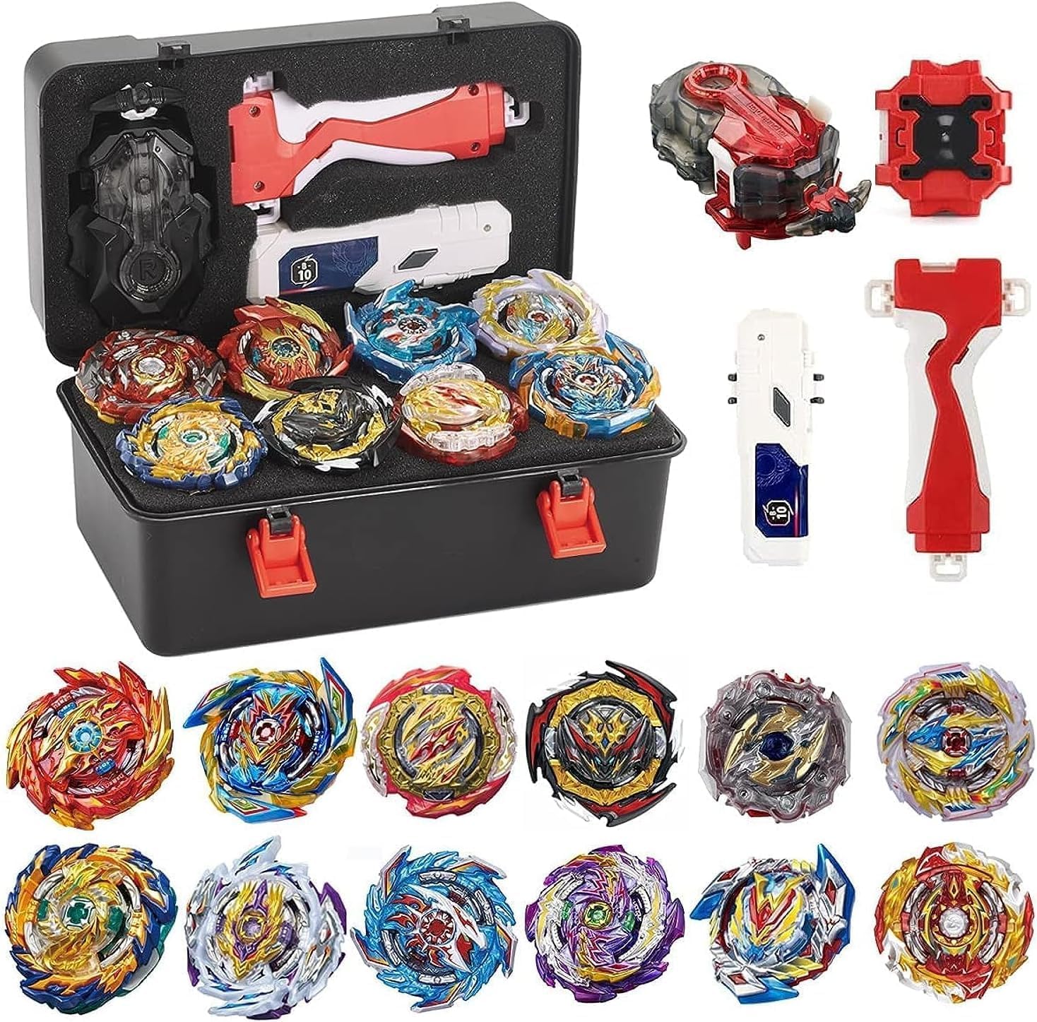 Gyro Blade Gift Set with Portable Box, 12 Twist Caps, 2 Bi-Directional Fusion Attack Metal Launcher, Multi-Colour