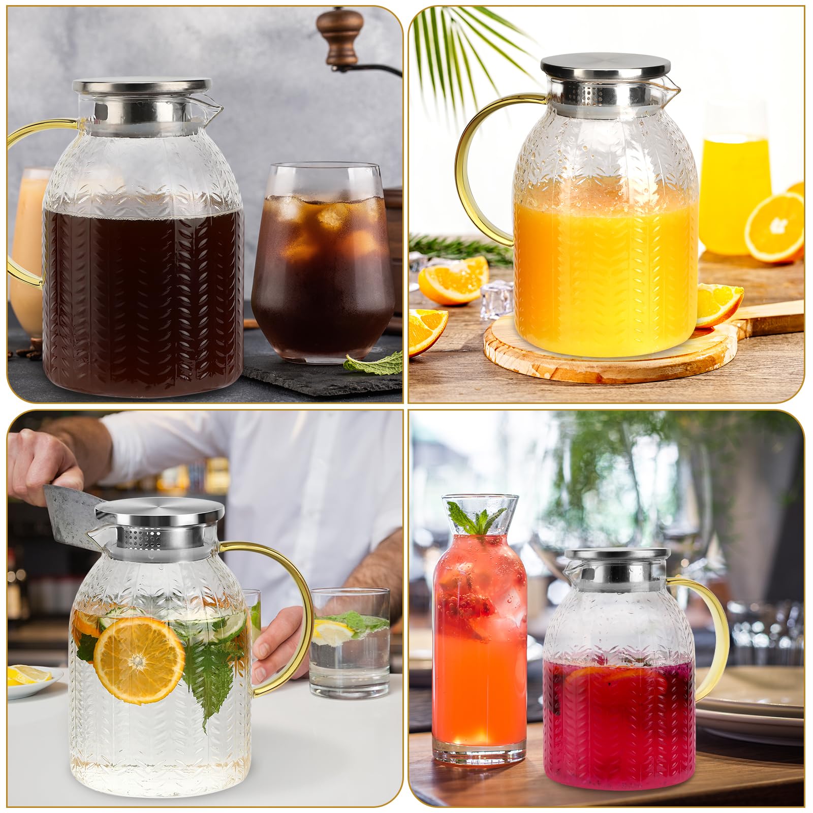 Caraffa in Vetro 2L, Caraffa Vetro con Acciaio inossidabile Coperchio, Trasparente e Resistente Brocca Acqua Vetro, Caraffa Refrigerante per il tè Freddo, Acqua Calda, Fredda, Caffè, Latte, Succo,
