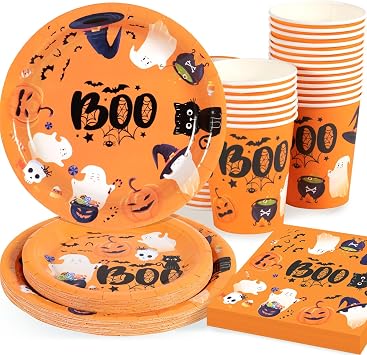 Halloween Party Supplies Halloween Paper Plates Napkins and Cups Boo Ghost Disposable Dinner Plates Set Serves 25
