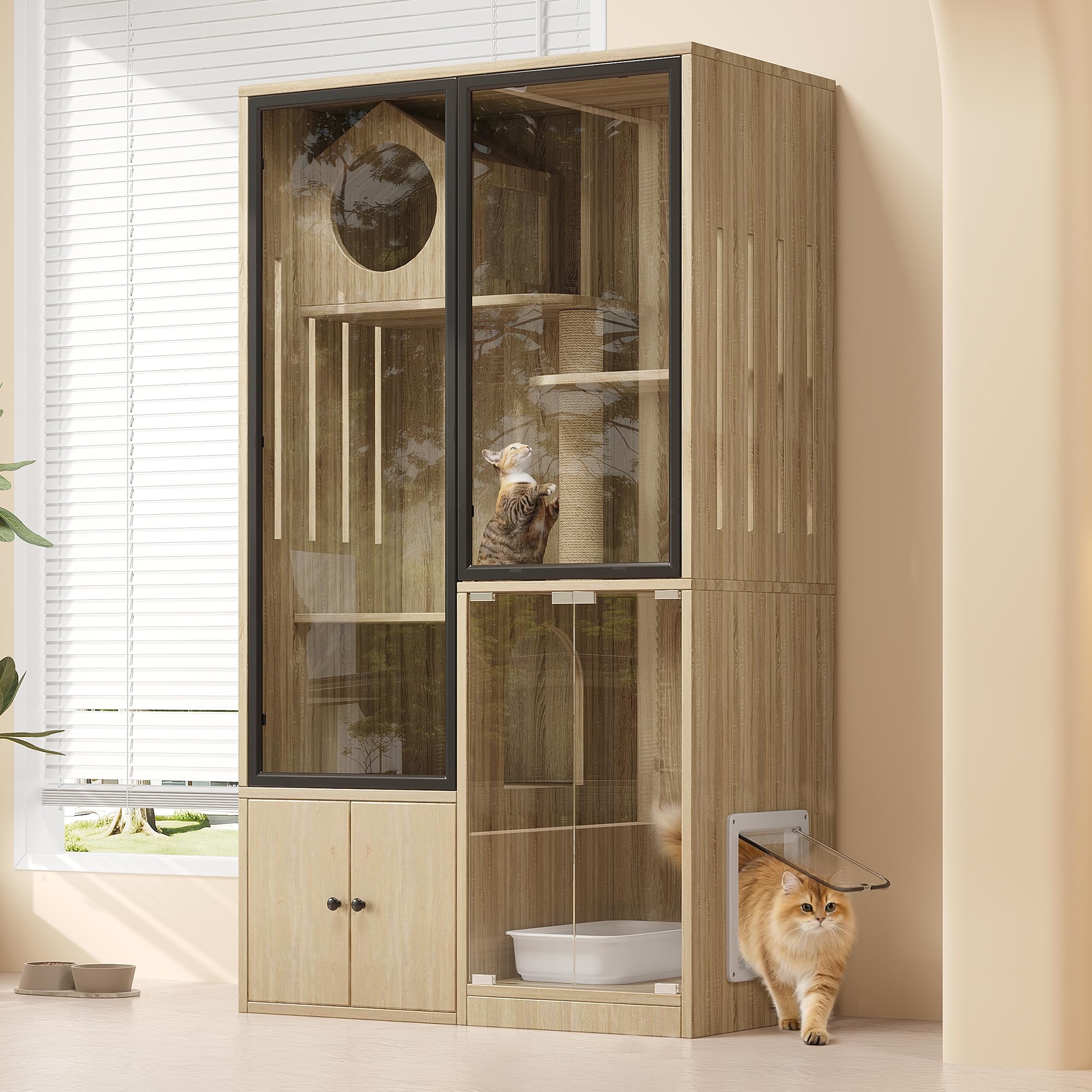 Jaula grande para gatos de 90 x 50 x 160 cm, 4 pisos con frontal de cristal, casa para gatos resistente al invierno y casa para animales pequeños, incluye postes rascadores, para interior y exterior