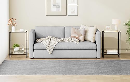 Miniatura 9 de Juego de 2 mesas auxiliares, mesas auxiliares con vidrio templado, mesitas de noche de 2 niveles con estantes de almacenamiento, mesa de centro con