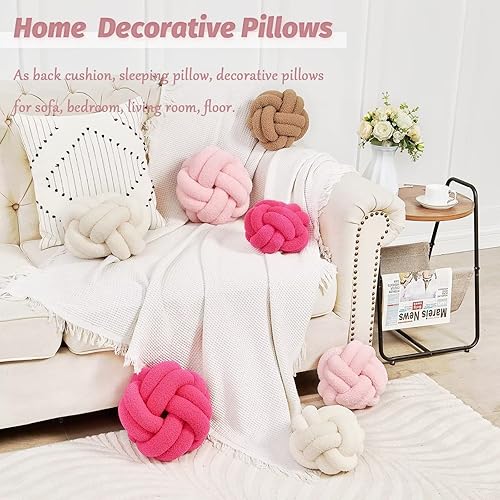 Miniatura 5 de Uvvyui Bola de almohada de nudo, almohadas anudadas para decoración del hogar de color rosa suave, almohada redonda de felpa hecha a mano, almohadas