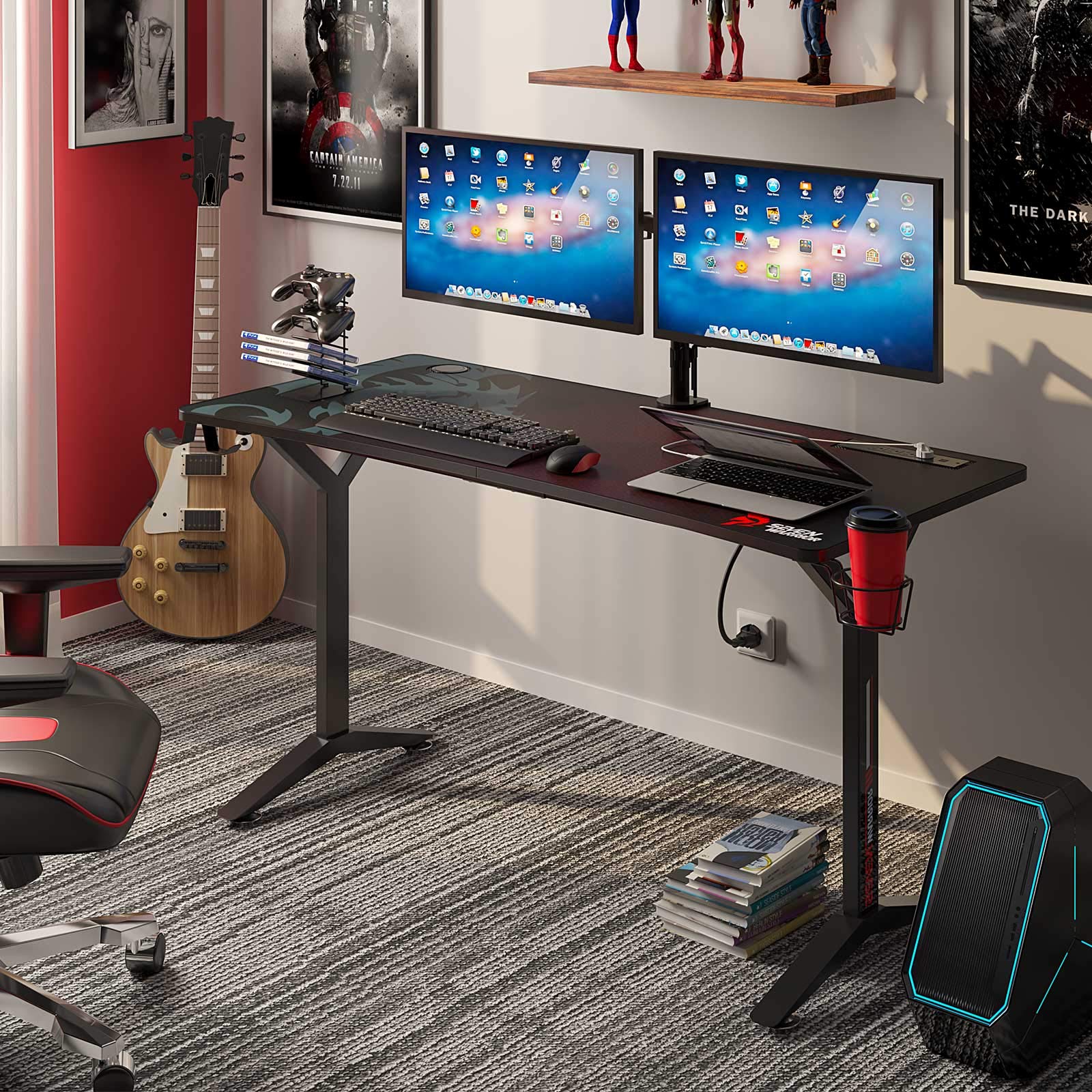 Seven Warrior Gaming Desk 55INCH with Power Outlet & Dual Monitor Mount