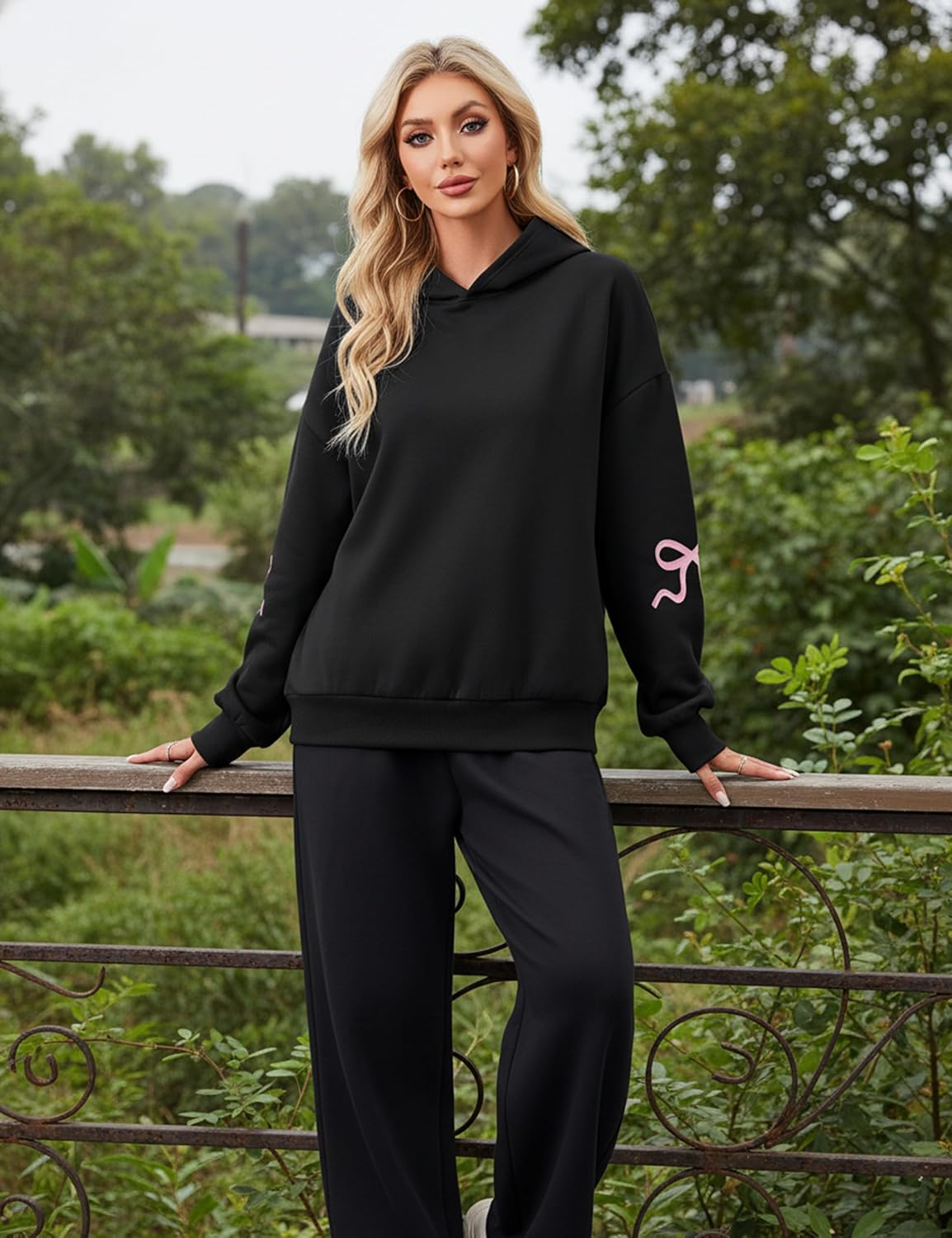 Women’s Bow Graphic Two Piece Hoodie Set Oversized Fleece Sweatshirt High Waist Sweatpants Tracksuit Outfits - Image 2