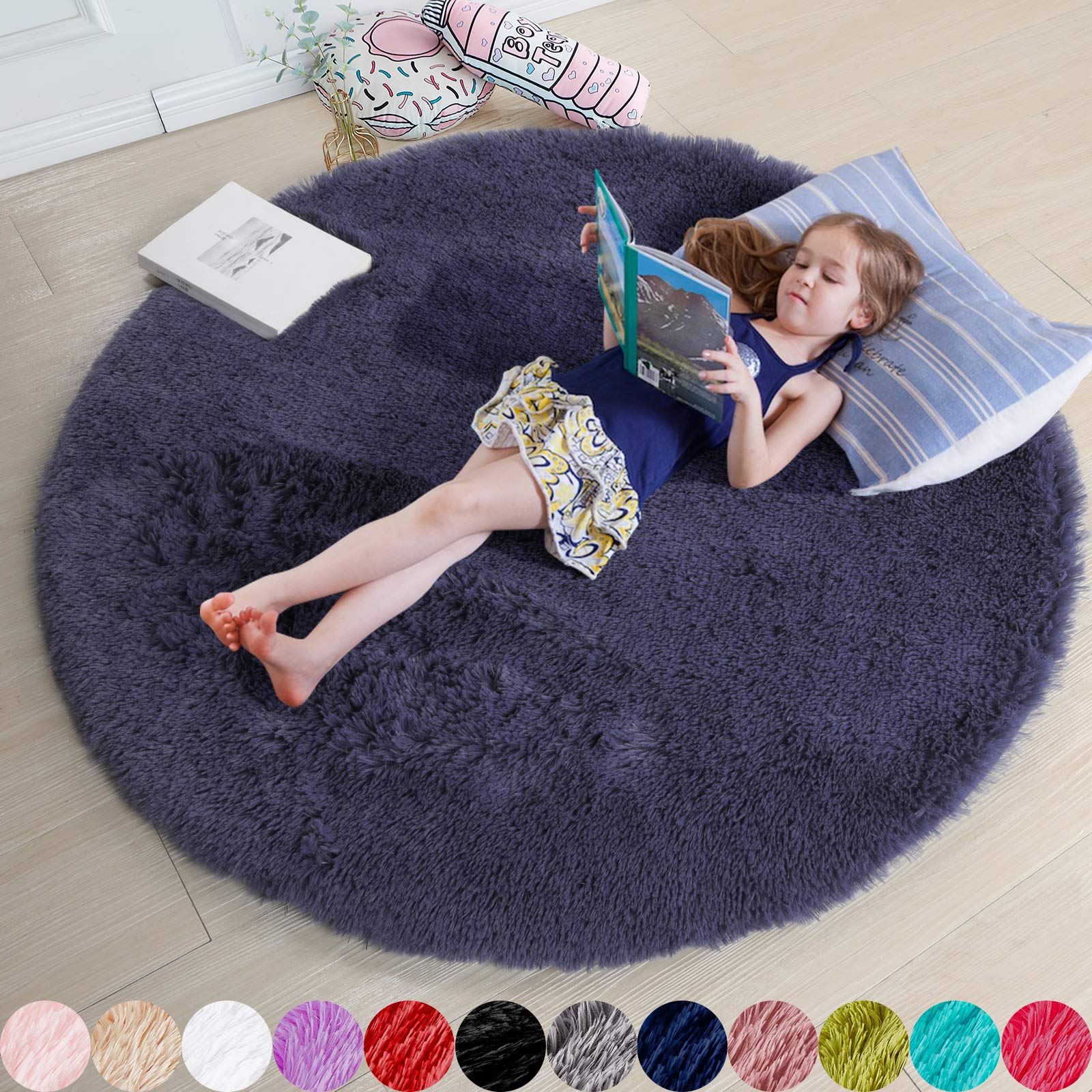 Amdrebio Purple Gray Fluffy Circle Rug 5'X5' for Bedroom, Kids, Teen's Room, Nursery, Dorm - Shaggy Furry Carpet, Fuzzy Plush Grey Throw Rug - Cute Decor for Baby