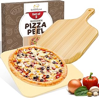 38,1 cm Cordierit Pizzastein & 30,5 x 30,5 cm Holz-Pizzaschieber - Backstein für Ofen & BBQ - Knusprigere Kruste für hausgemachte Pizza, Brot & mehr - Perfektes Pizza-Bastelset