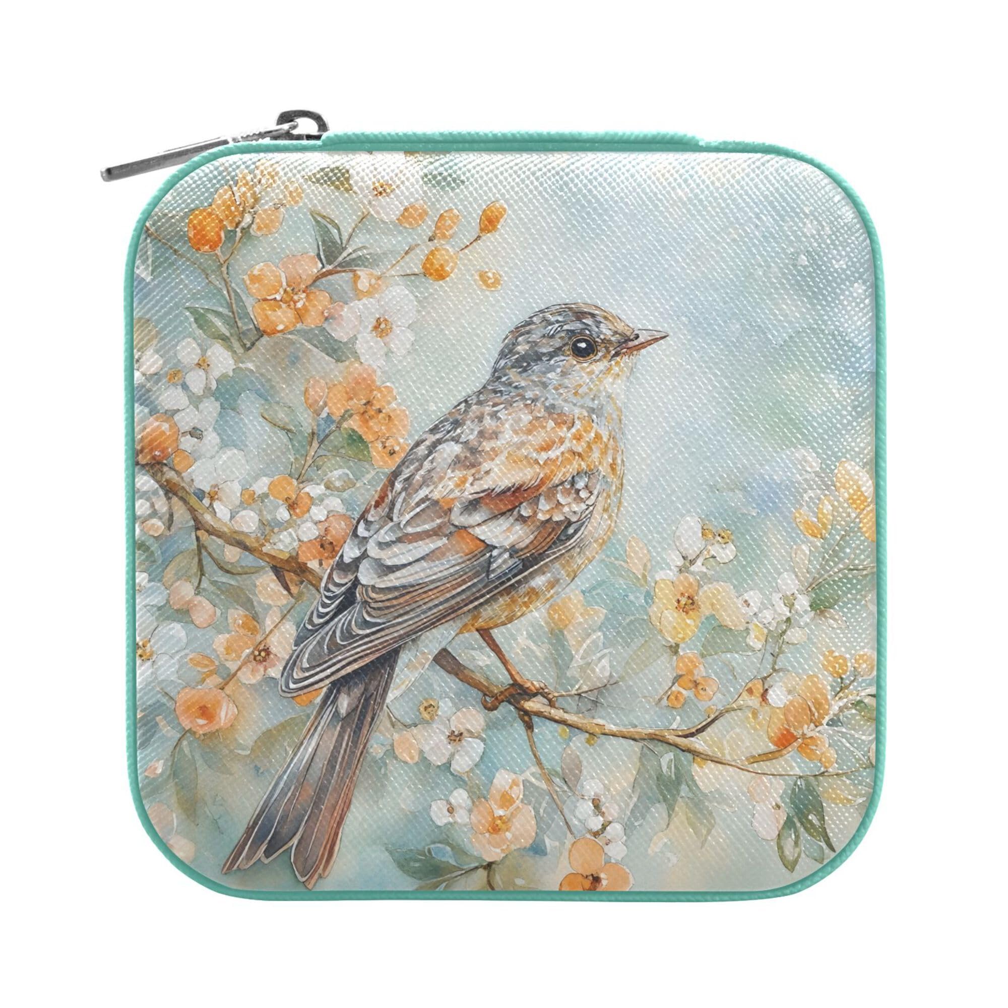MNSRUU Small Jewelry Box Storage and Organizer Bird Flower Watercolor Mini Travel Jewelry Case Portable Earring Ring Organizer Boxes for Women Girls, Green