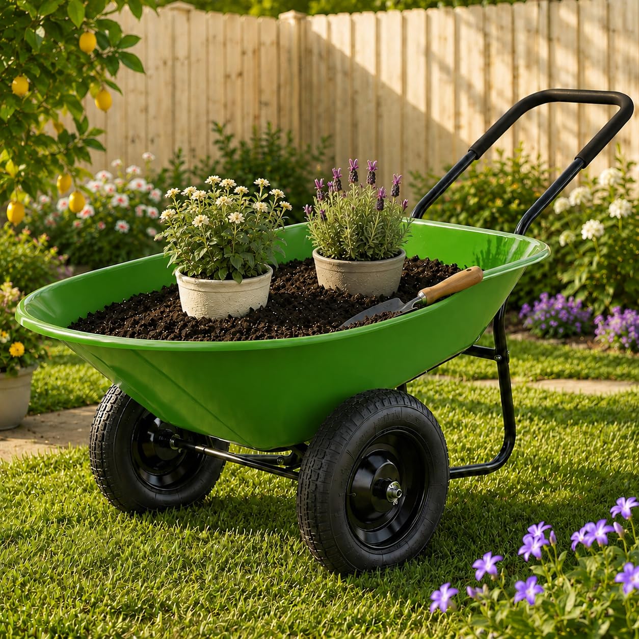 Enlarged Dual-Wheel Wheelbarrow, Easy Loading and Dumping Garden Cart, Heavy Duty Utility Dump Cart for Lawn, Yard, Farm, Gardening &amp; Planting (Bright Green)