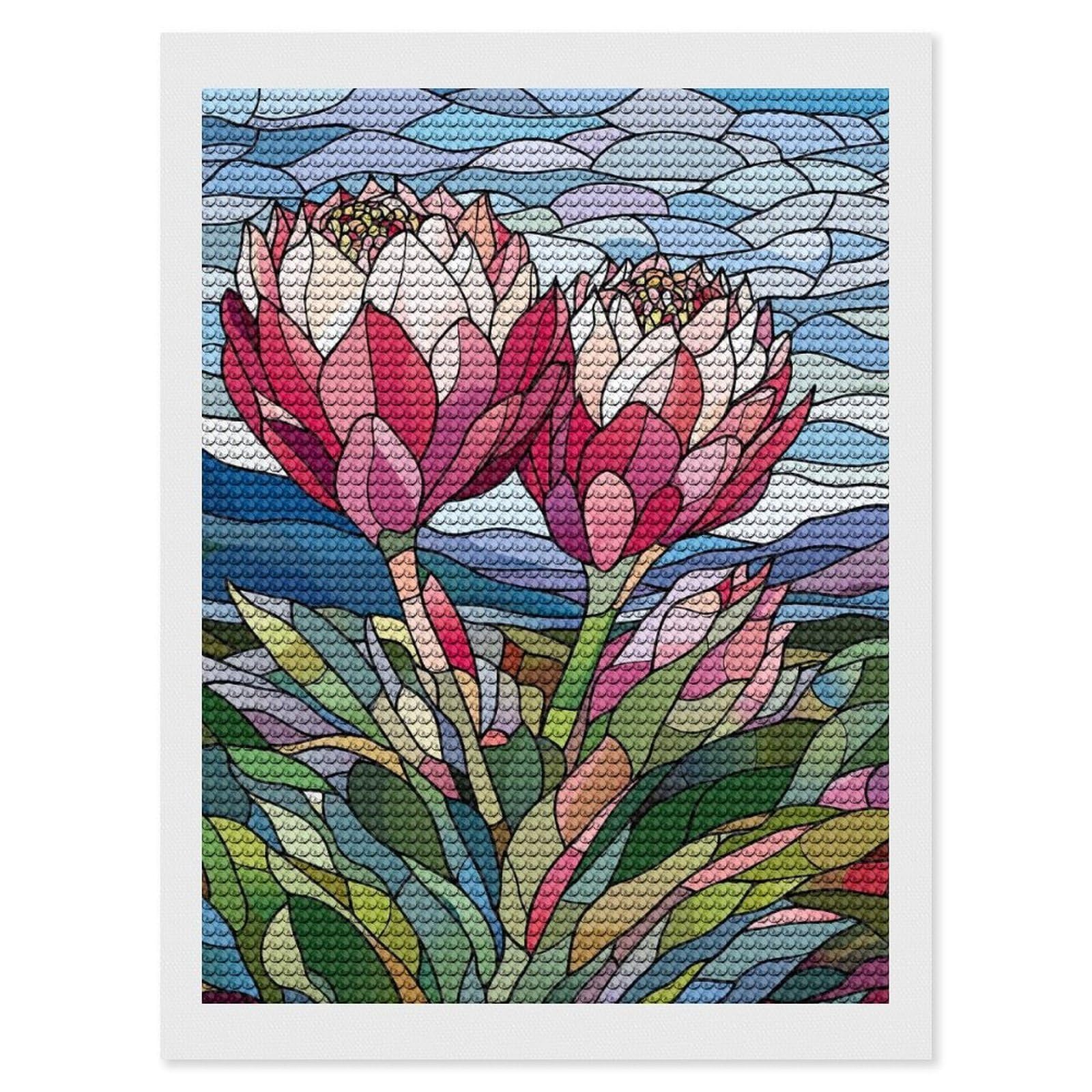 Junmoney Stained Glass Proteas Diamond Art Kit 12"x16", Relaxing DIY Hobby, Satisfying Creative Project, Living Room Decor, for Women