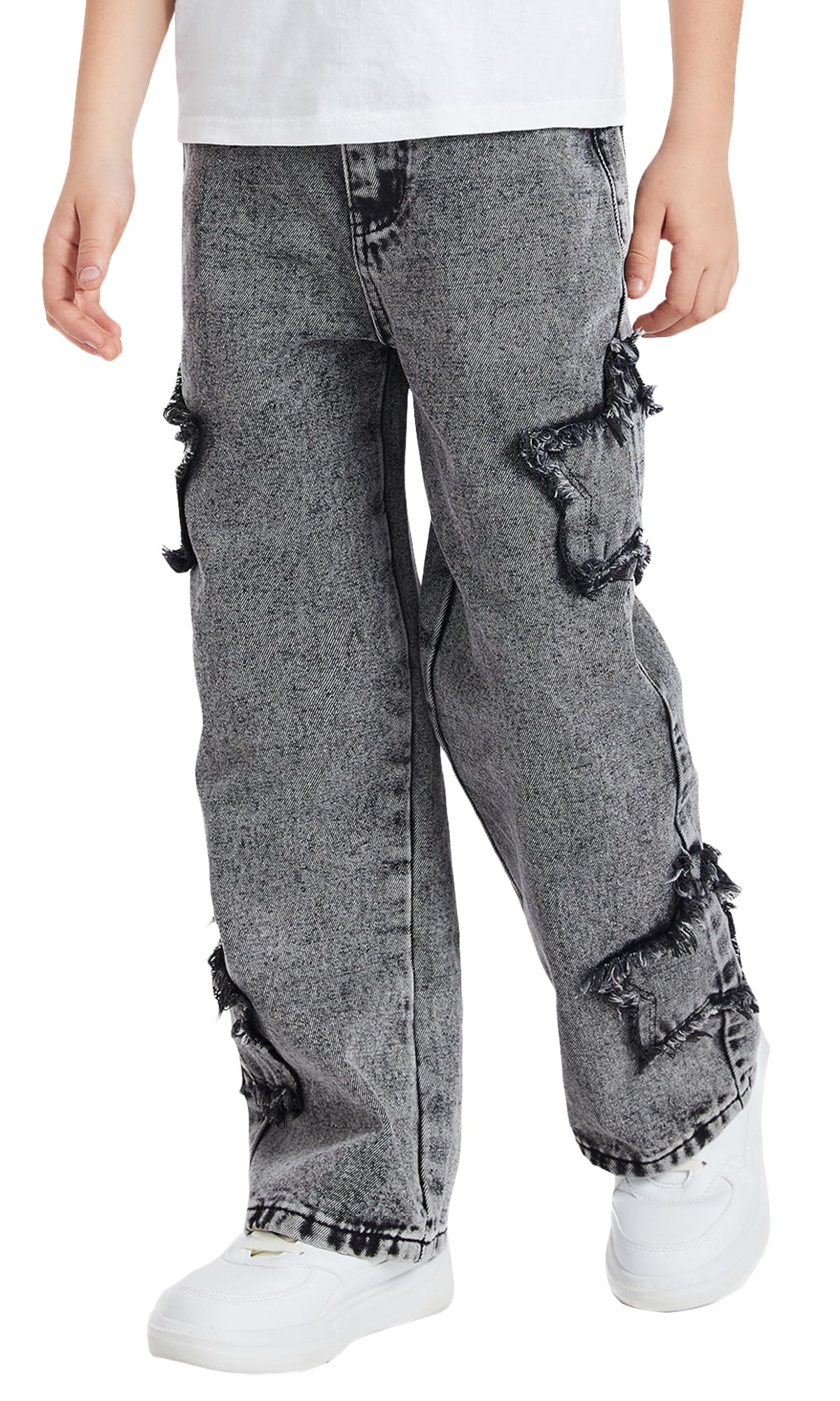 SEAUR Pantalones vaqueros para niño de pierna ancha con cintura elástica Y2K Denim Jean pantalones rectos patrón de estrellas vintage EU 128-152 (8-12 años)