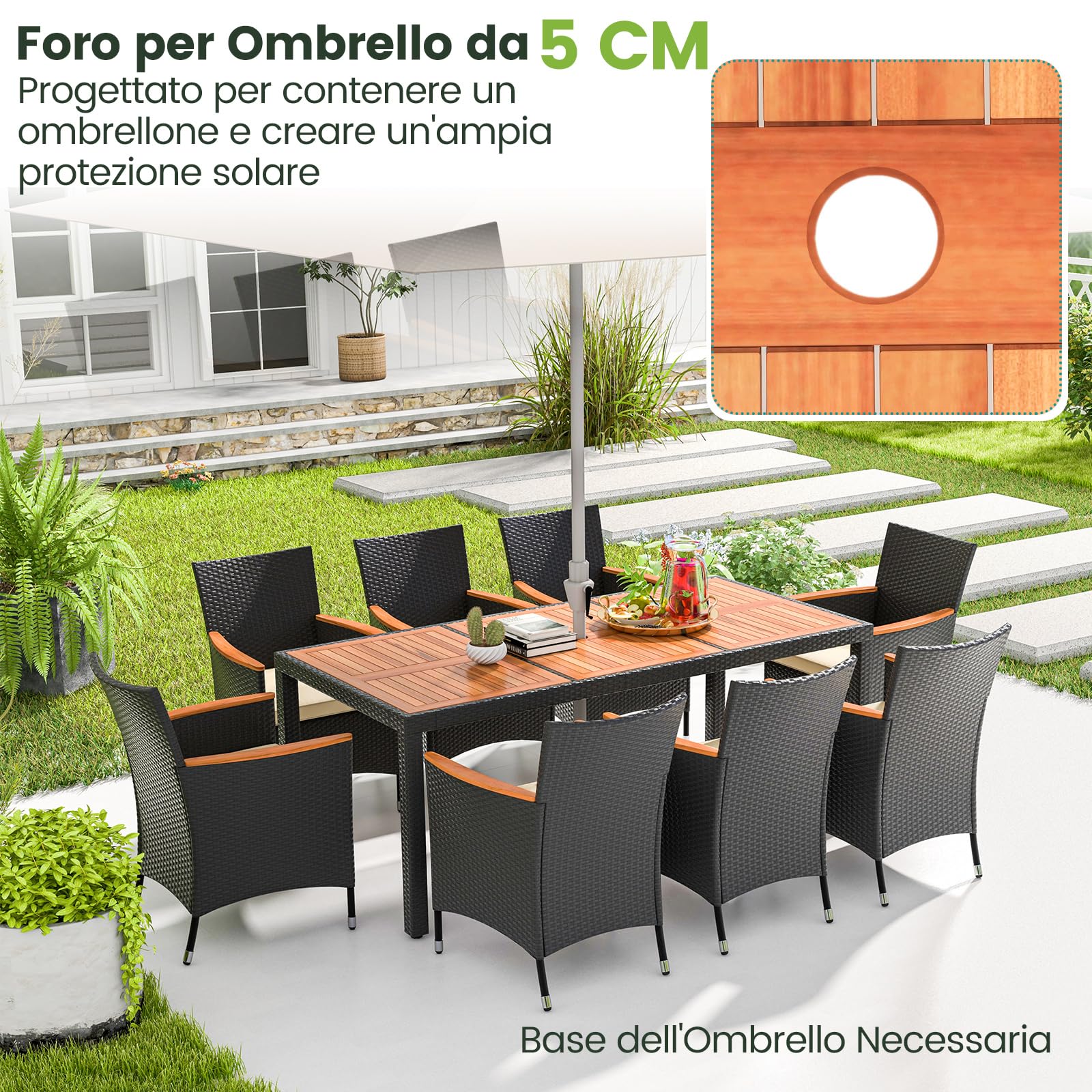 COSTWAY Set da Giardino 9 Pezzi in Rattan PE, Set Pranzo da Giardino con 1 Tavolo e 8 Sedie con Cuscini, Tavolo da Esterno con Piano in Legno di Acacia e Foro per Ombrellone, Naturale