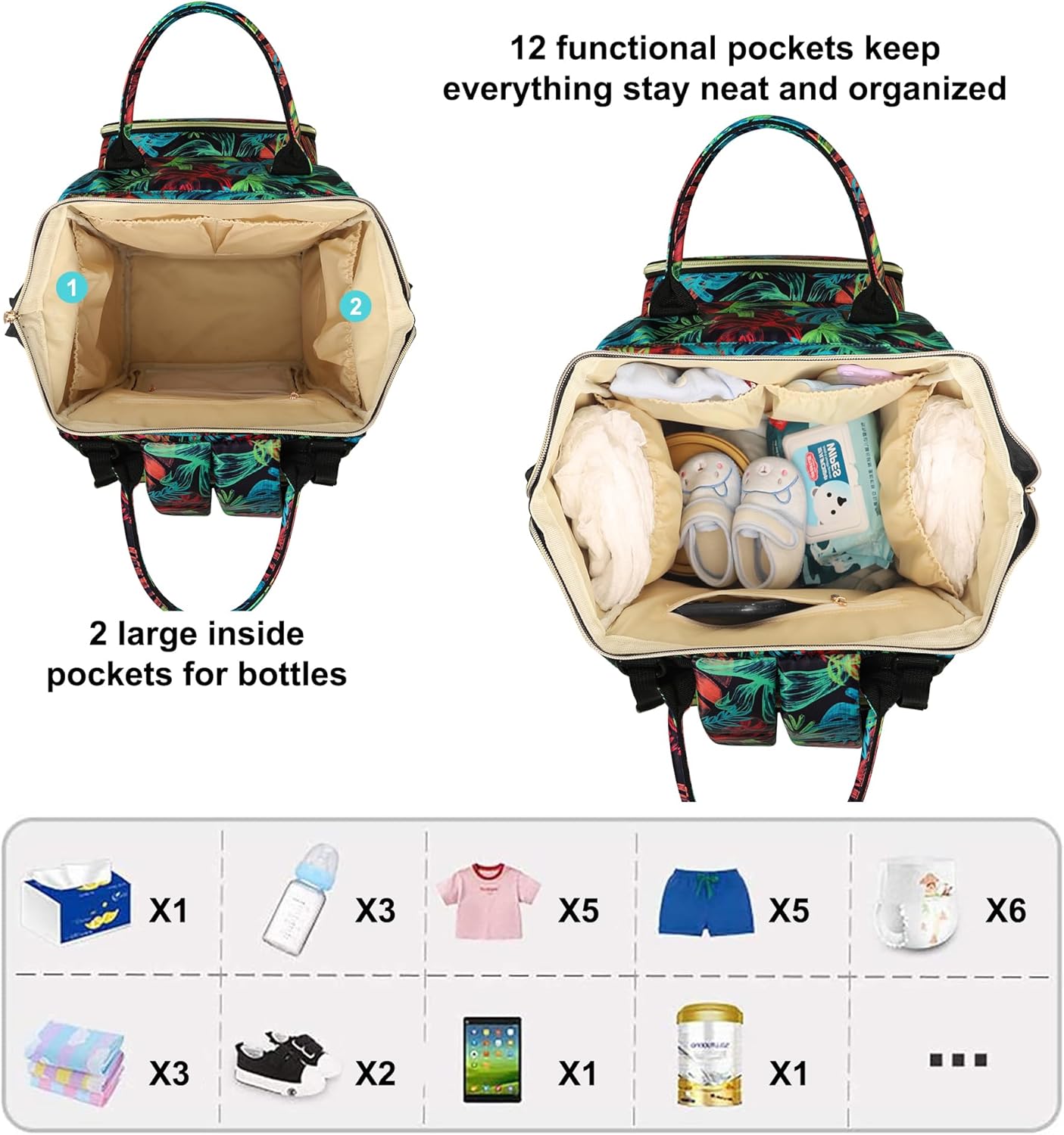 Diaper Bag Backpack Multi-Function Baby Bag With Large Capacity and Insulated Pockets Diaper Backpack Organizer Bag for Mom/Dad, Leaf - Image 3
