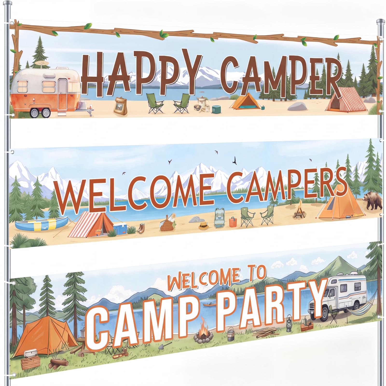 Remagr 3 Pcs Happy Camper Banner Camping Decorations