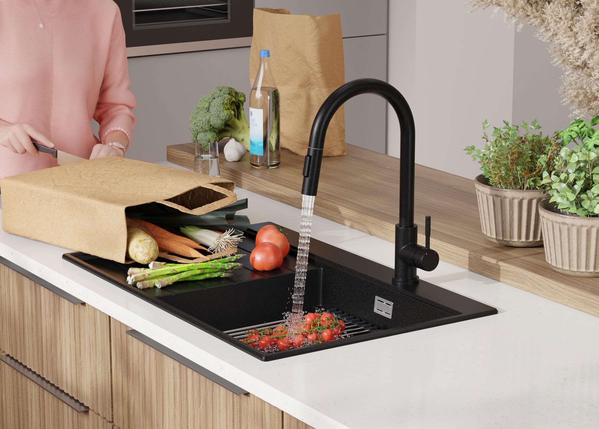 PRIMAGRAN Lavandino da Cucina Nero 78x50cm, Lavello in Granito a 1 vasca + Rubinetto 40x20cm + Set di accessori, Lavabo da Cucina Incasso al Mobile 50cm - Sydney Ergo S303