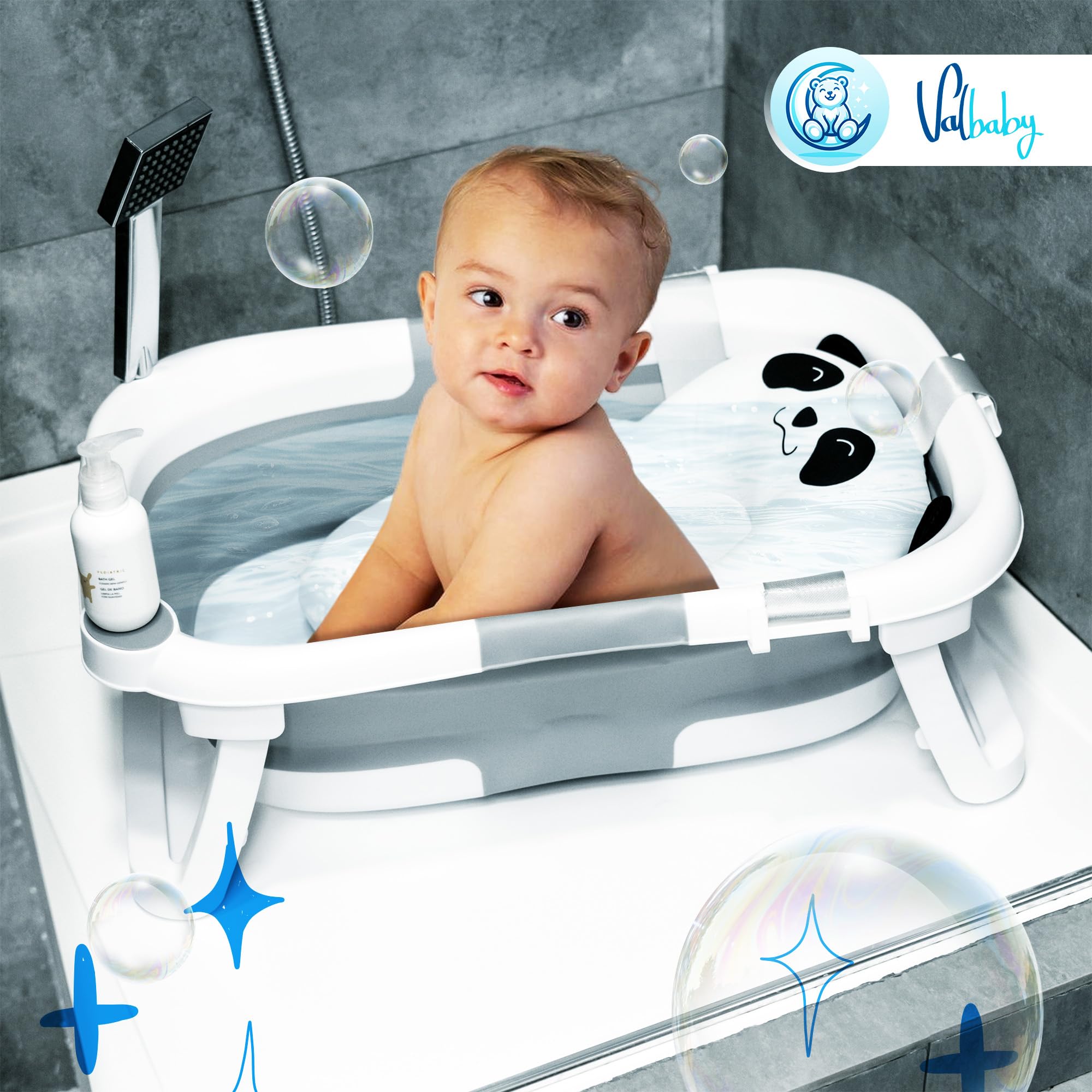 VALBABY Składana wanienka dla niemowląt z ergonomiczną antypoślizgową poduszką, przenośna i kompaktowa, łatwa do czyszczenia, dla dzieci w wieku 0-3 lat, bezpieczna i wszechstronna wanienka dla