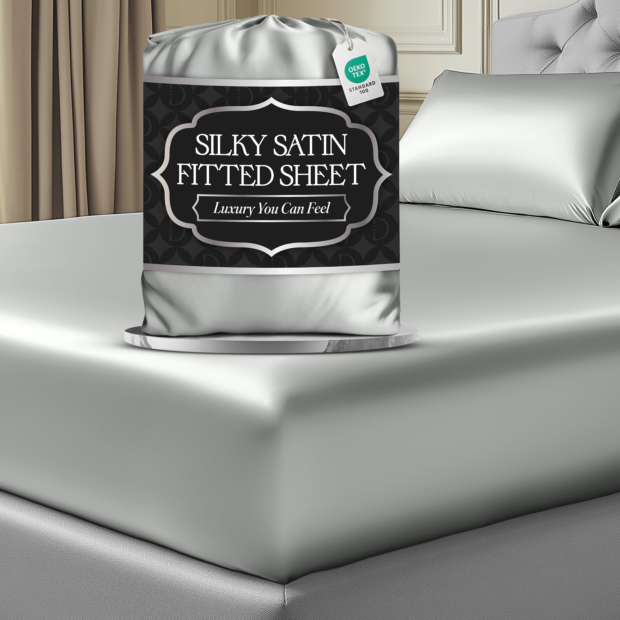 DECOLURE Satin Fitted Sheet Queen Size (1 PC) – Luxuriously Smooth & Softer Than Silk Bed Sheets w/ 15 Inch Deep Pocket Hypoallergenic Wrinkle Free,