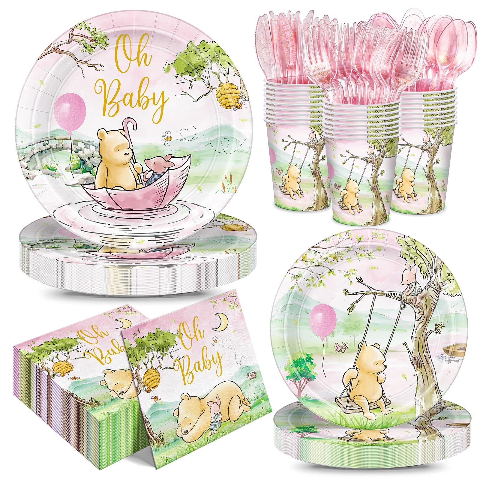 168pcs Classic Winnie Bear Baby Shower Paper Plates Napkin Party Supplies Girl Baby Shower Decorations Disposable Cutlery Tableware Set Serve 24