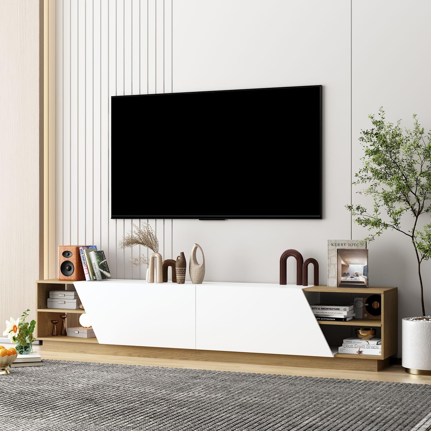 Amazon.com: Virubi Modern TV Stand with 3 Cabinets & Open Shelves ...