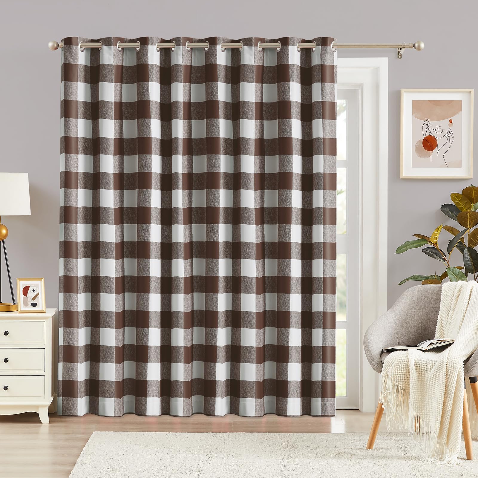 Melodieux Buffalo Check Plaid Sliding Door Curtains 96 Inches Long, Extra Wide Blackout Curtains Thermal Insulated Living Room Divider Patio Door