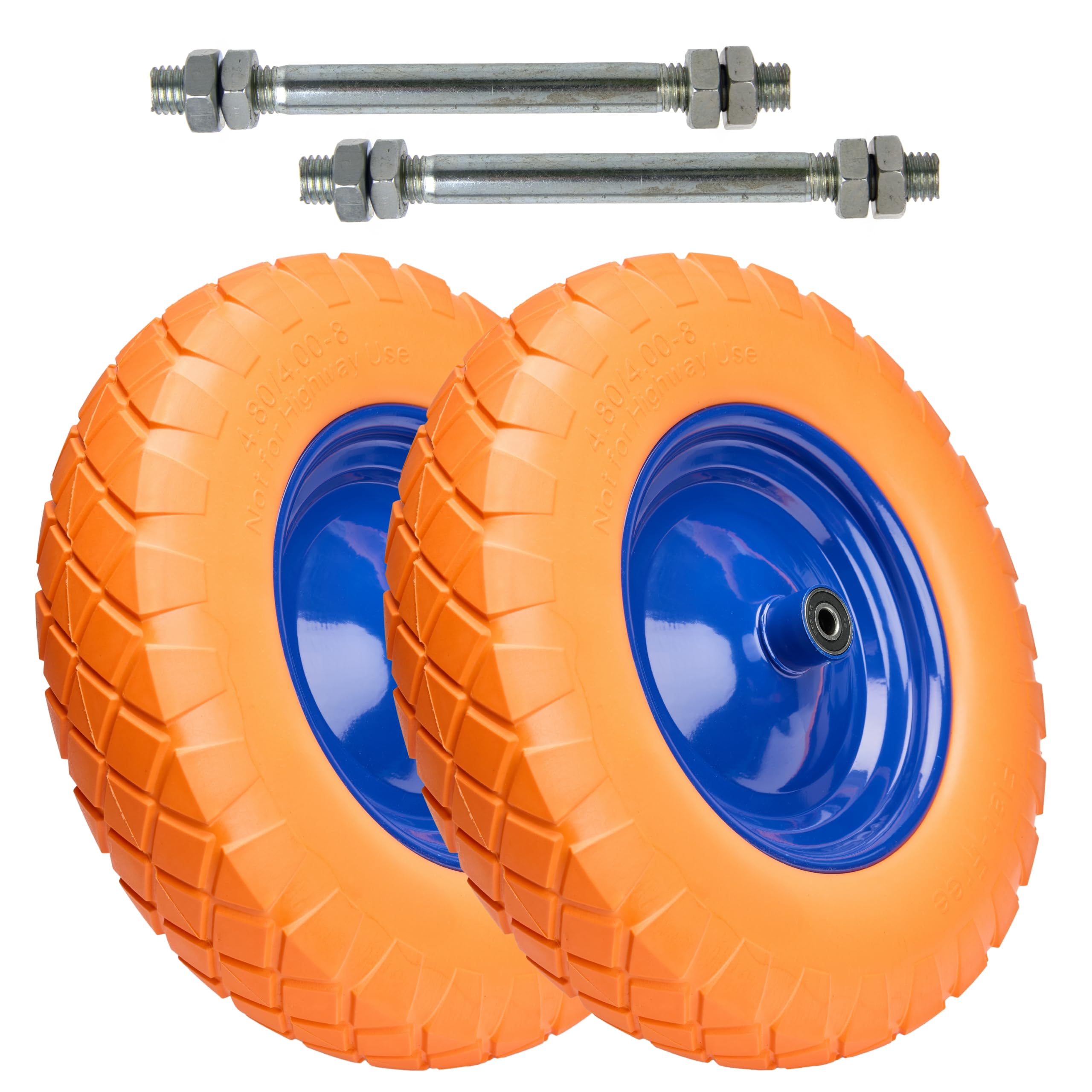 Garronda 2er Pack PU Vollgummirad 4.80/4.00-8 pannensicher wartungsfrei bis 100 kg Schubkarrenrad Ersatzrad Schubkarre mit Achse Stahlfelge Kugellager für Gartenwagen Hof Baustelle GD-0165 Orange-Blau