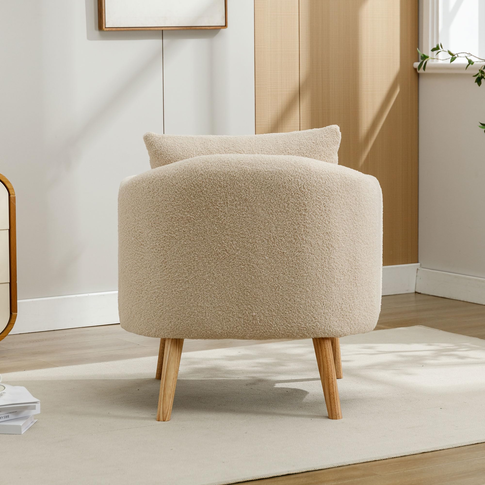 Merax Sessel Teddy-Samt Ohrensessel mit Kissen Loungesessel mit Armlehnen modern Holzbeine Einzelsofa Relaxsessel Polstersessel für Wohnzimmer/Lesezimmer, Beige
