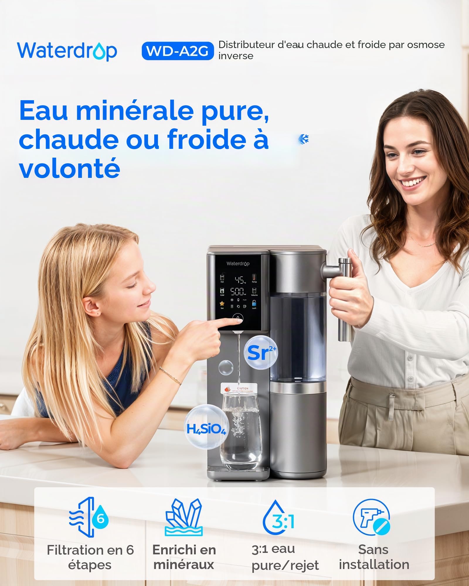 Waterdrop WD-A2G Système d’Osmose Inverse de Comptoir Minéralisée, Eau Chaude et Froide, Fontaine Sans Bouteille, Réservoir Portable, 6 Températures, Ratio 3:1