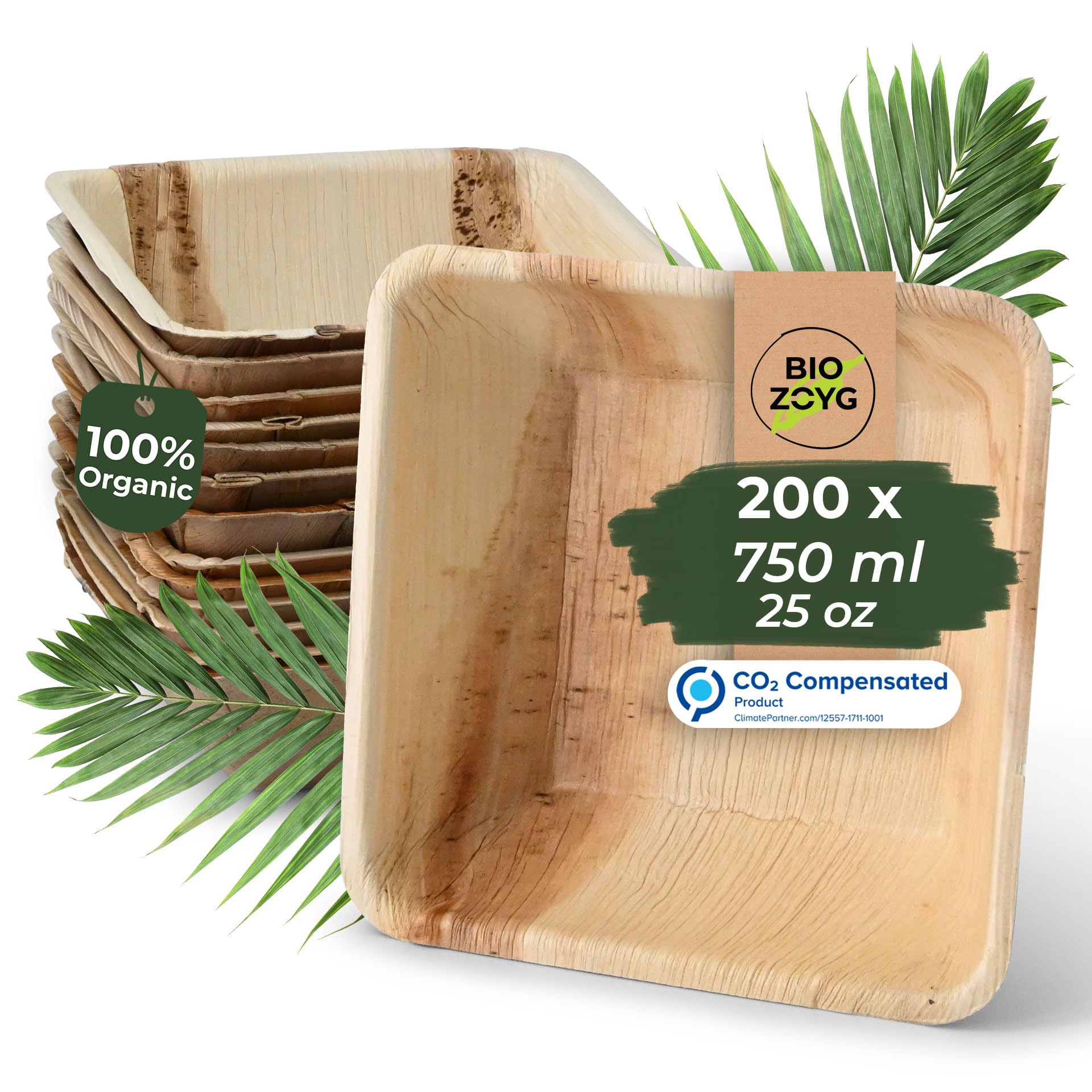 BIOZOYG Palmware – przyjazne dla środowiska naczynia jednorazowe z liści palmy, 200 sztuk, kwadratowe talerze z liści palmy, 750 ml, 18 cm I miska do sosów, miska do serwowania przekąsek