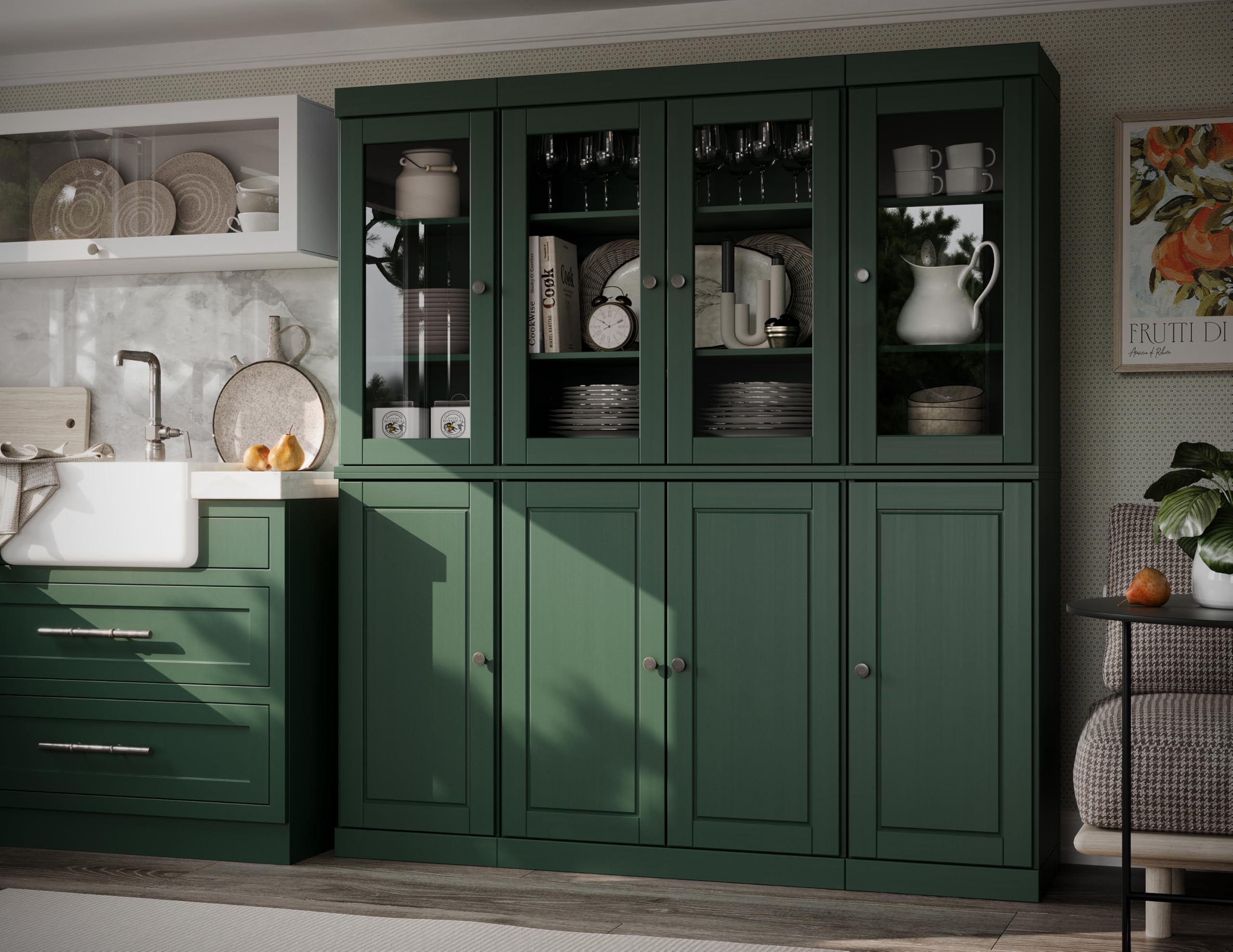 Palace Imports 100% Solid Wood Kitchen Pantry Hutch, Green, 65" w x 71.5" h x 15.5" d, Renewable Eco-Friendly Wood, Made in Brazil