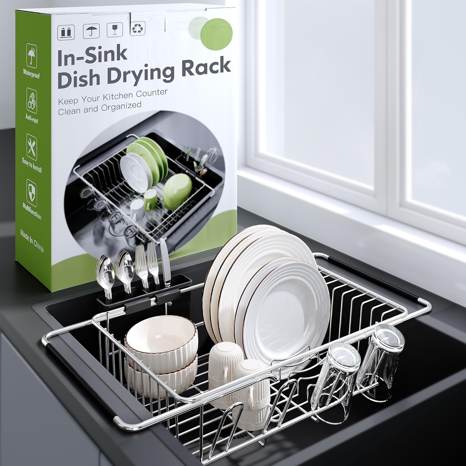 Over the Sink Expandable Dish Drainer Drying Rack In Stainless Steel for Small Kitchen, Counter Space Saving Modern Compact Metal Above Plate Dryer Strainer, Adjustable Hanging Inside Drain Holder Silver